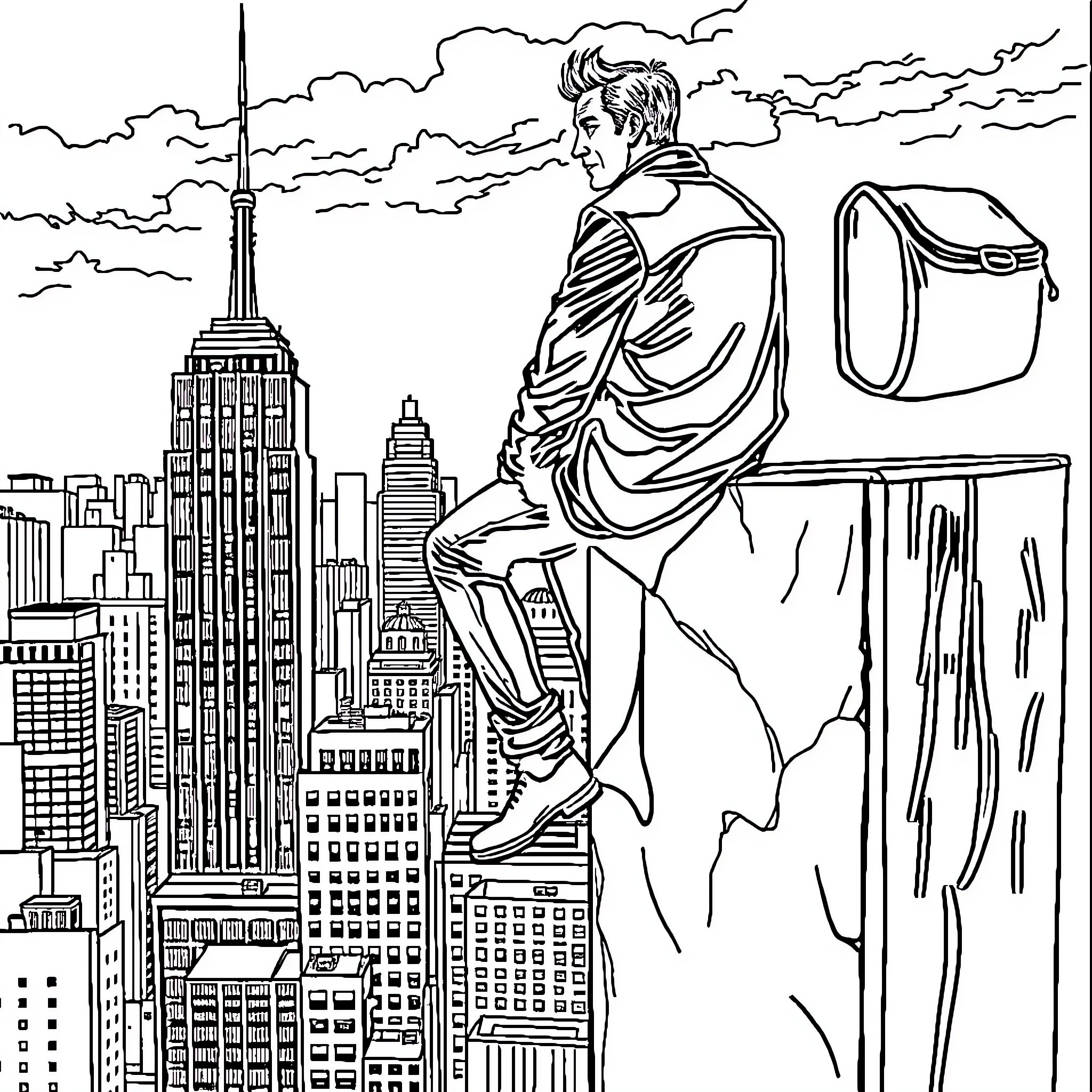 Man Overlooking the City from a Tall Building Coloring Page (free black-and-white line drawing printable PDF for all, from beginners to advanced learners, including children, teens, adults, and seniors)