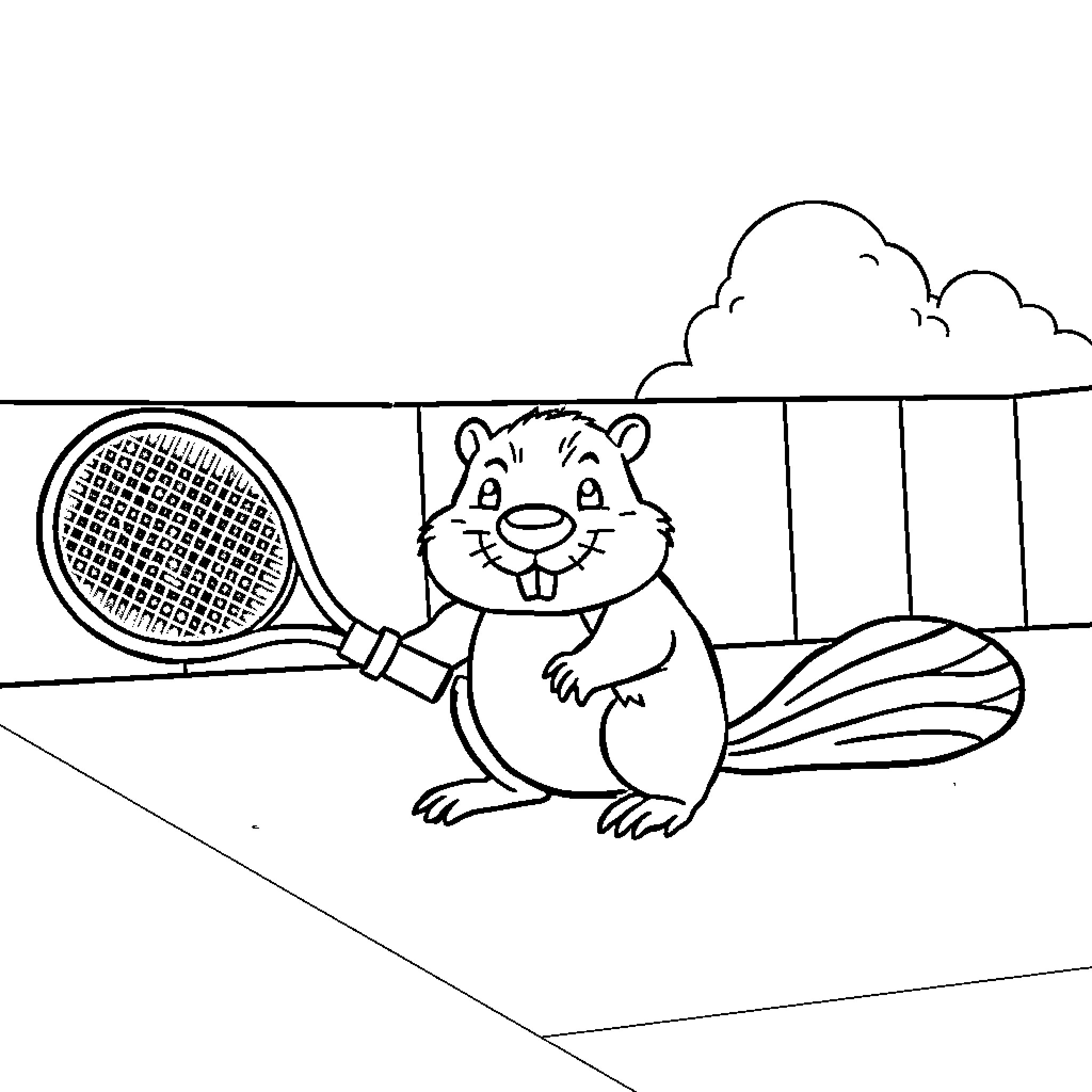 Beaver playing tennis on the court Coloring Page (free black-and-white line drawing printable PDF for all, from beginners to advanced learners, including children, teens, adults, and seniors)