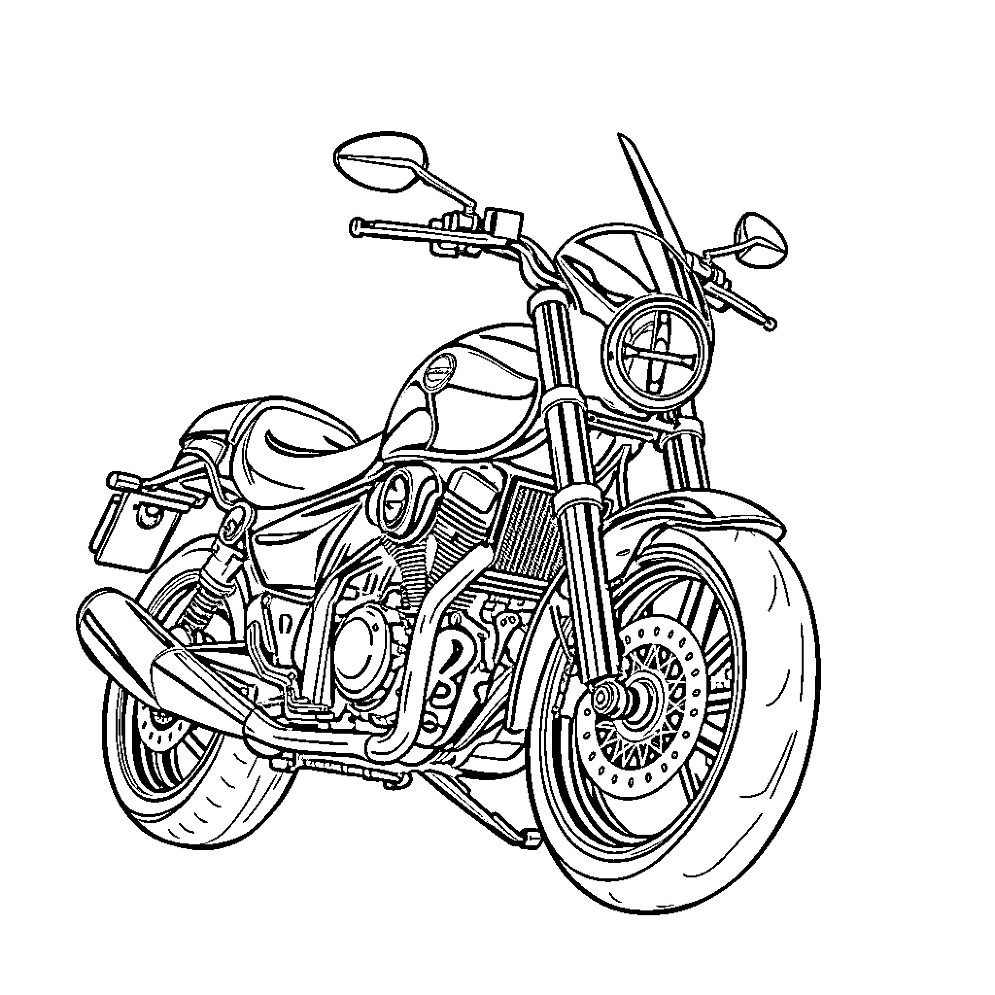 Moto Powerful Motorcycle in Motion Coloring Page (free black-and-white line drawing printable PDF for all, from beginners to advanced learners, including children, teens, adults, and seniors)