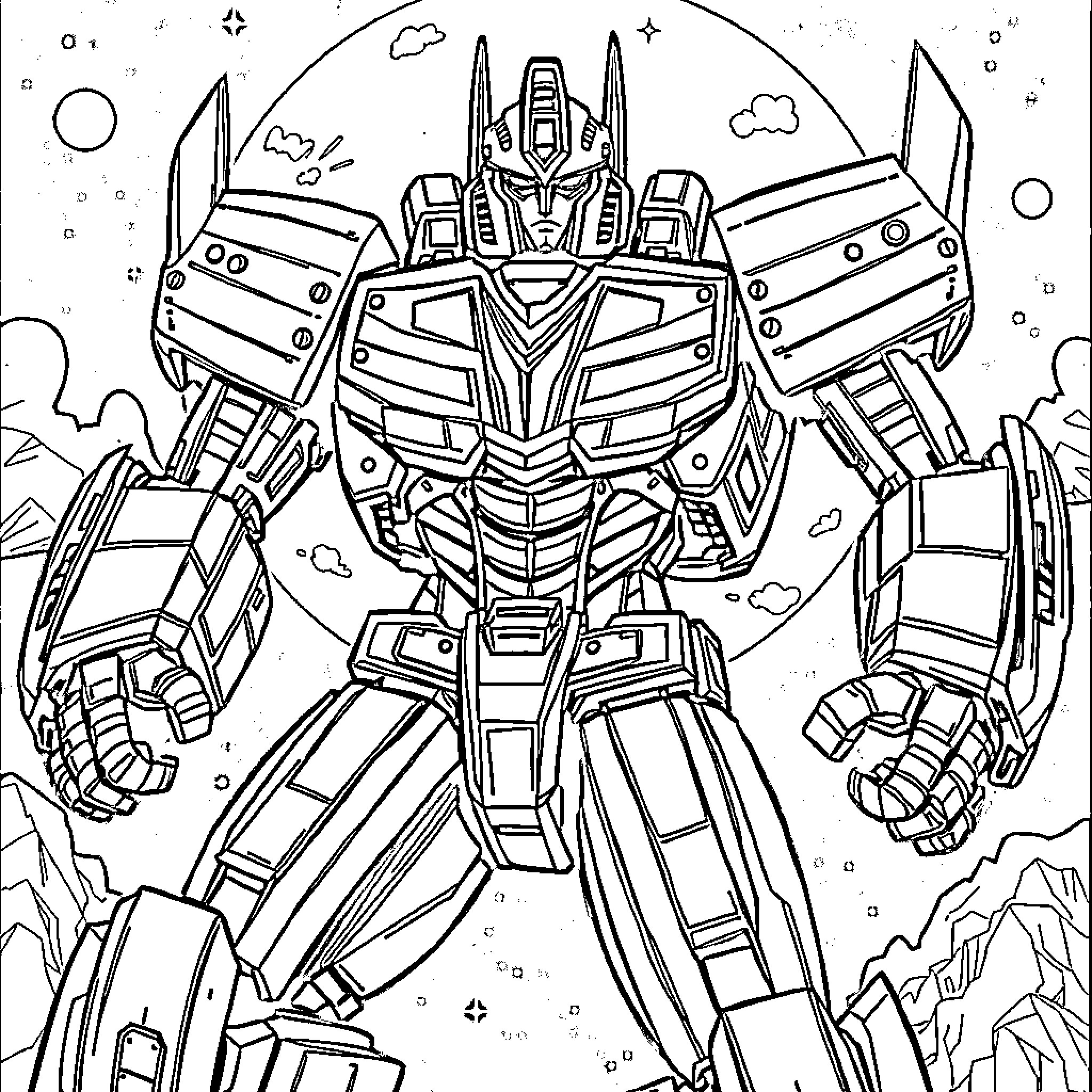 Megatron Leading the Mighty Autobot Armada Coloring Page (free black-and-white line drawing printable PDF for all, from beginners to advanced learners, including children, teens, adults, and seniors)