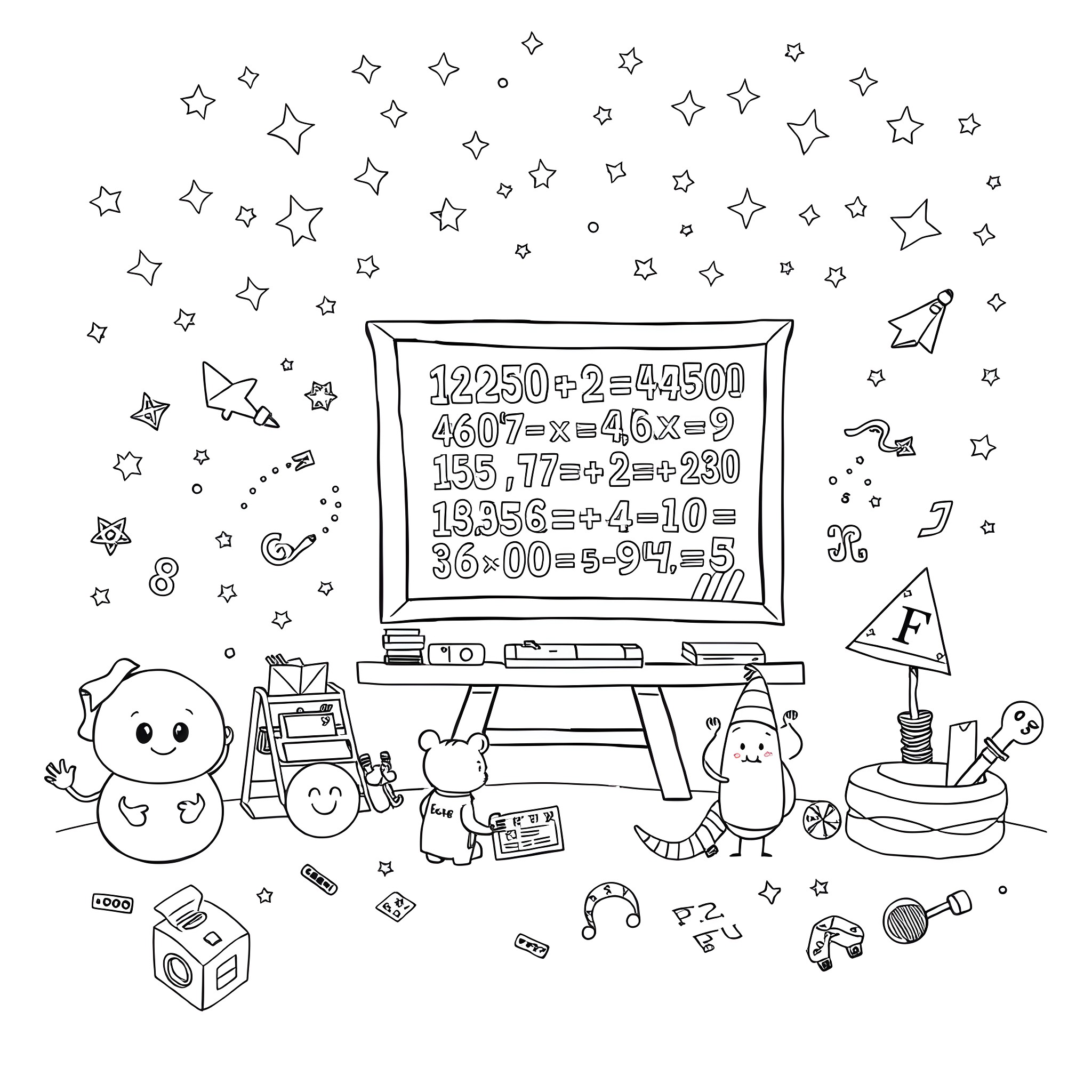 Math Expressions Depicted in Playful Cartoon Scene Coloring Page (free black-and-white line drawing printable PDF for all, from beginners to advanced learners, including children, teens, adults, and seniors)