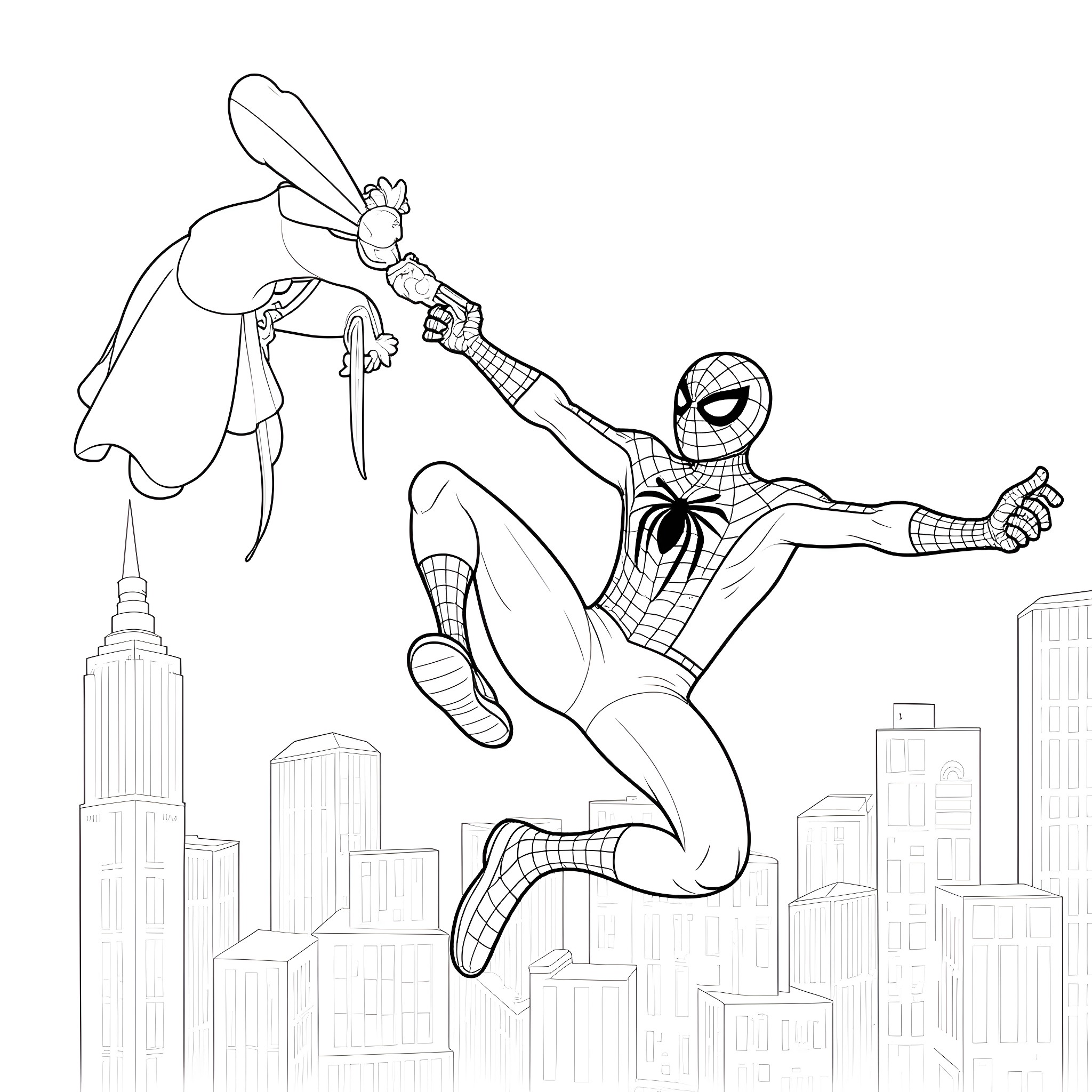 Spider-Man swinging through the city with a giant bug Coloring Page (free black-and-white line drawing printable PDF for all, from beginners to advanced learners, including children, teens, adults, and seniors)