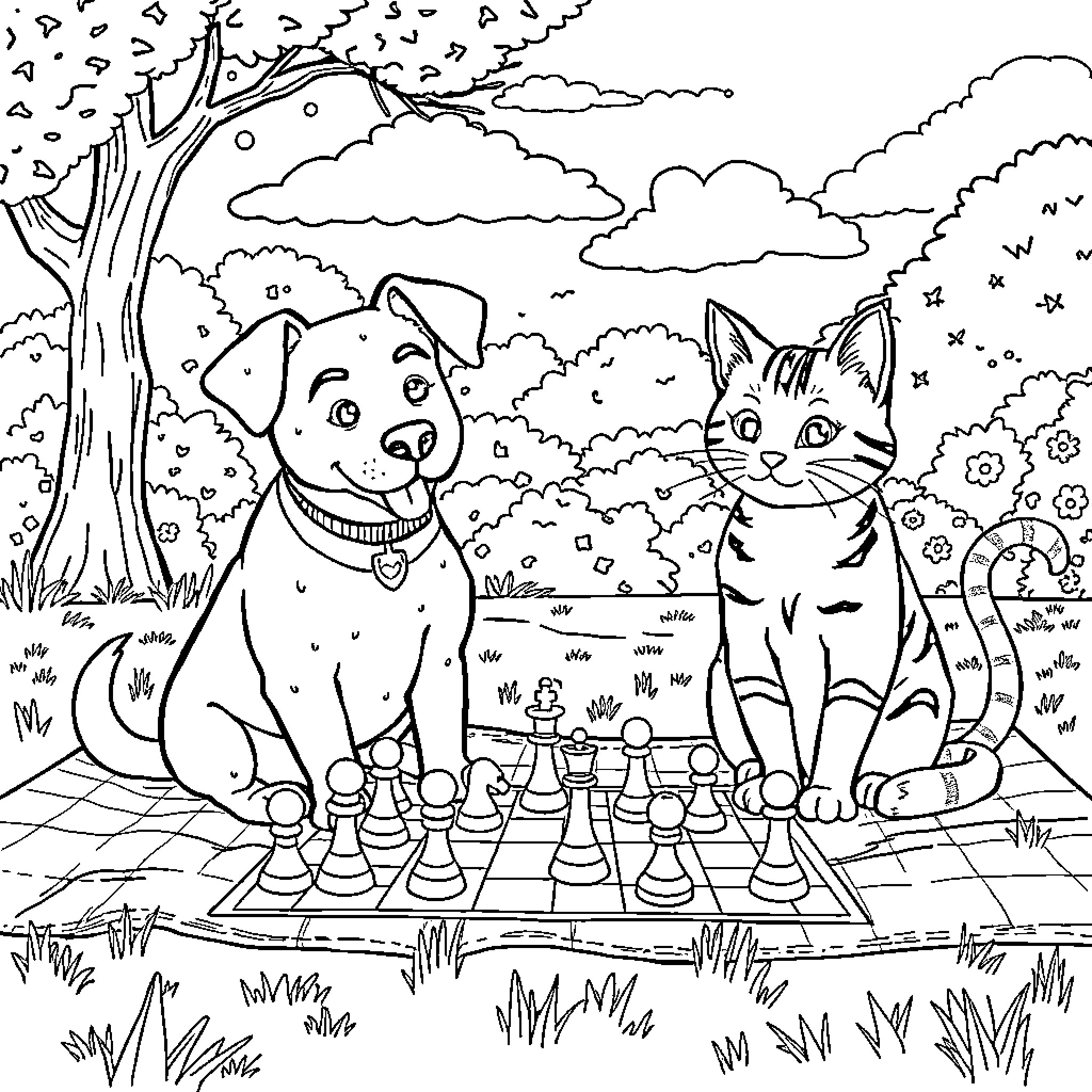 Dog and cat playing chess in the park Coloring Page (free black-and-white line drawing printable PDF for all, from beginners to advanced learners, including children, teens, adults, and seniors)