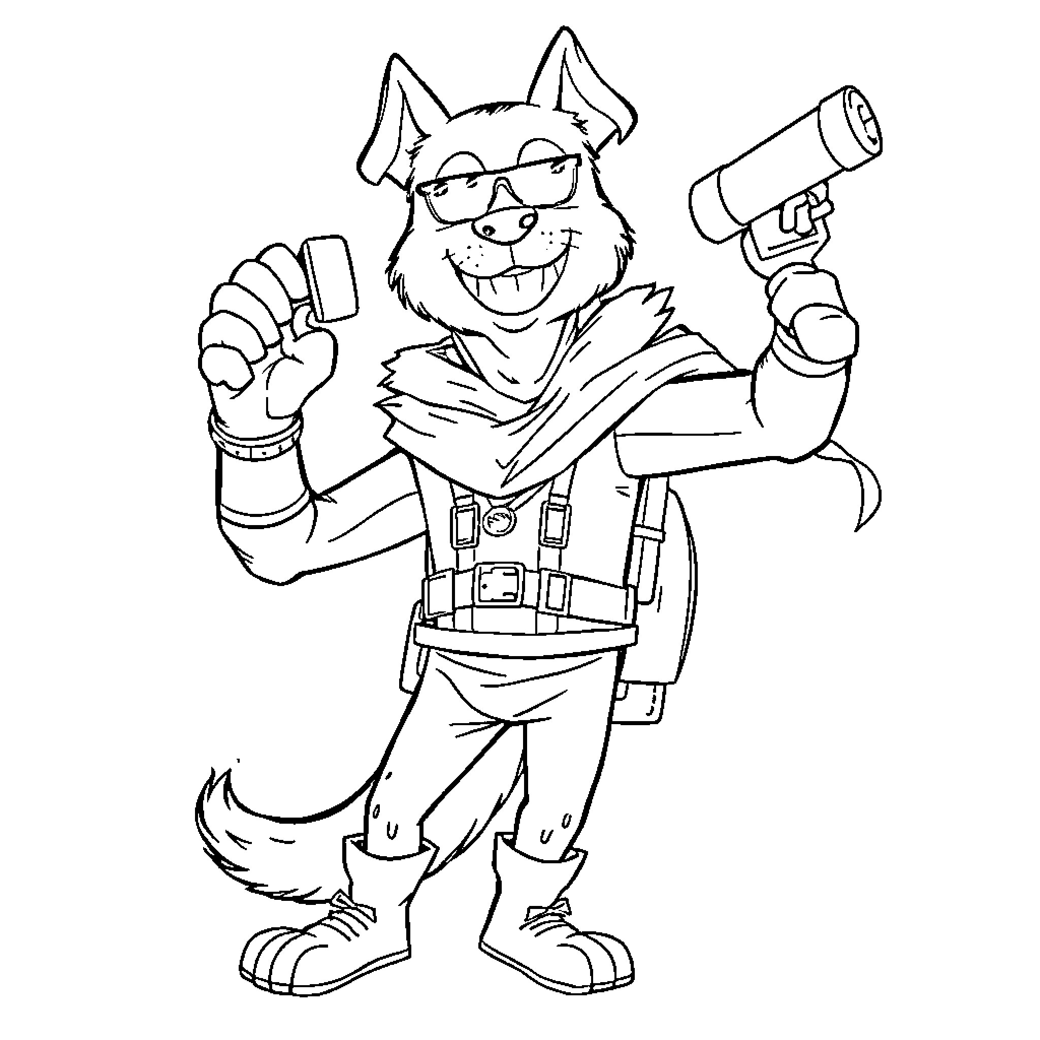 Dogman equipped with gadgets and gear Coloring Page (free black-and-white line drawing printable PDF for all, from beginners to advanced learners, including children, teens, adults, and seniors)