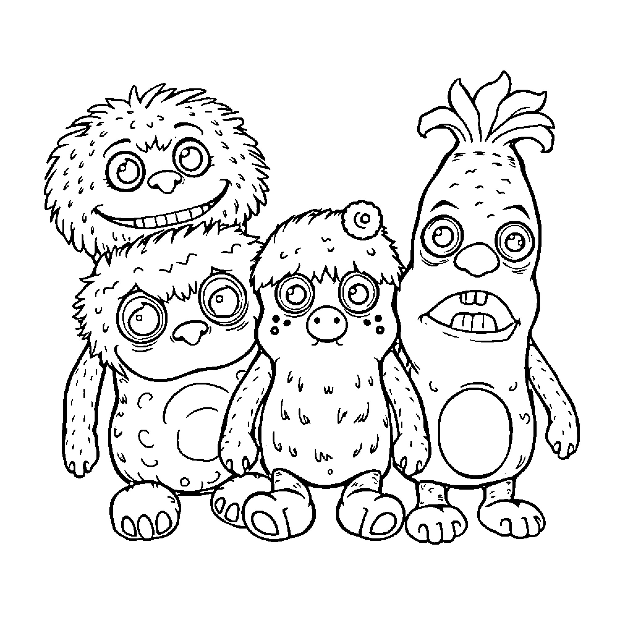 Fuggler creatures with silly expressions Coloring Page (free black-and-white line drawing printable PDF for all, from beginners to advanced learners, including children, teens, adults, and seniors)