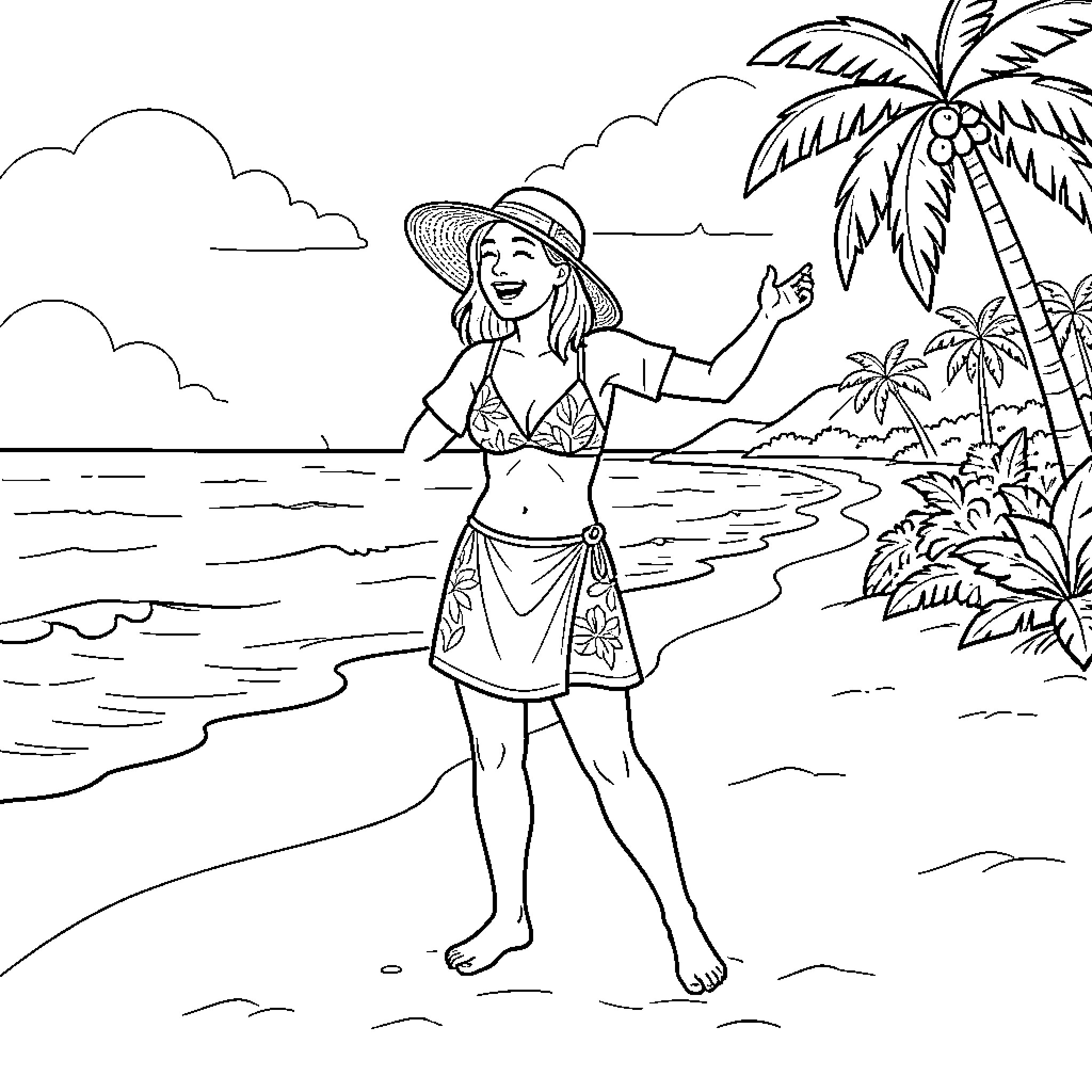 Lady smiling and dancing on a tropical beach Coloring Page (free black-and-white line drawing printable PDF for all, from beginners to advanced learners, including children, teens, adults, and seniors)