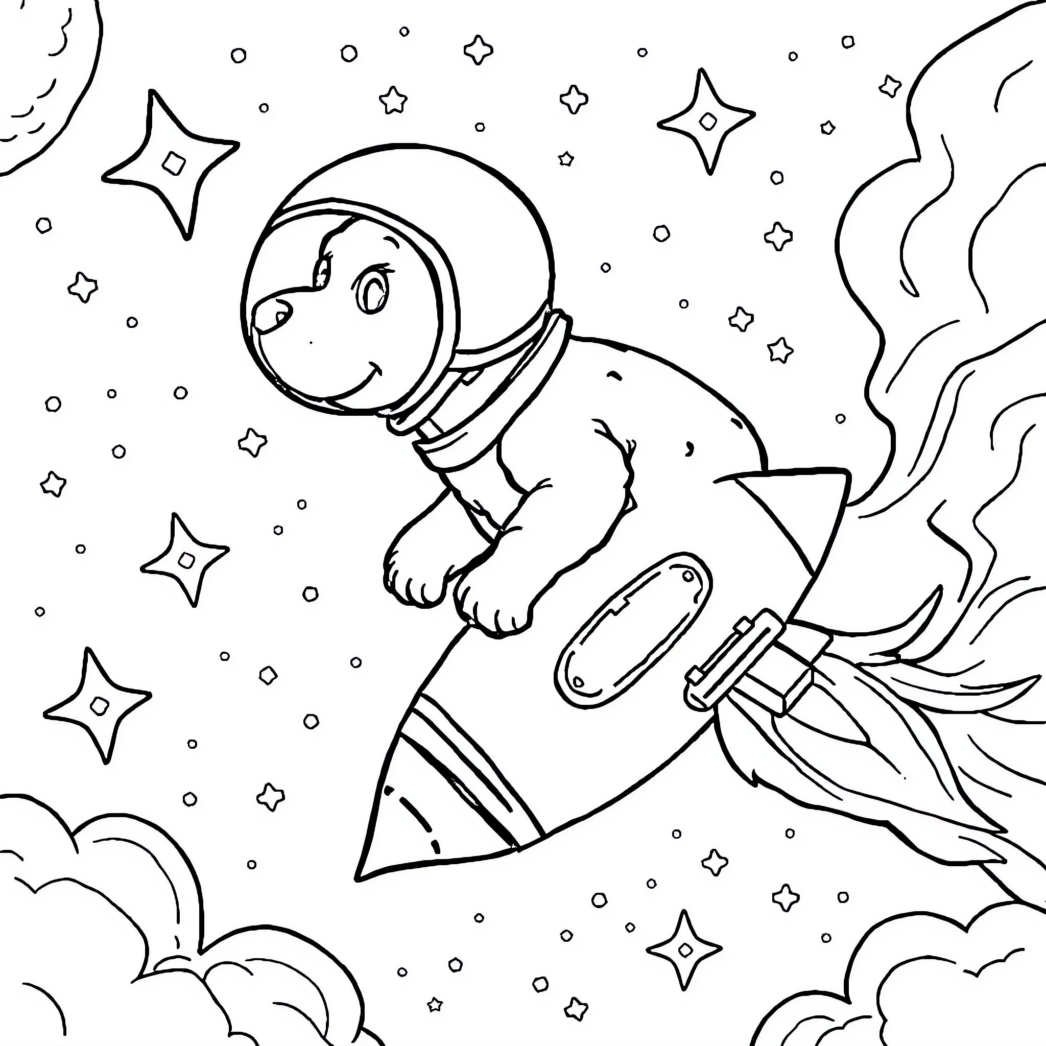 Dog Astronaut Exploring the Starry Sky Coloring Page (free black-and-white line drawing printable PDF for all, from beginners to advanced learners, including children, teens, adults, and seniors)