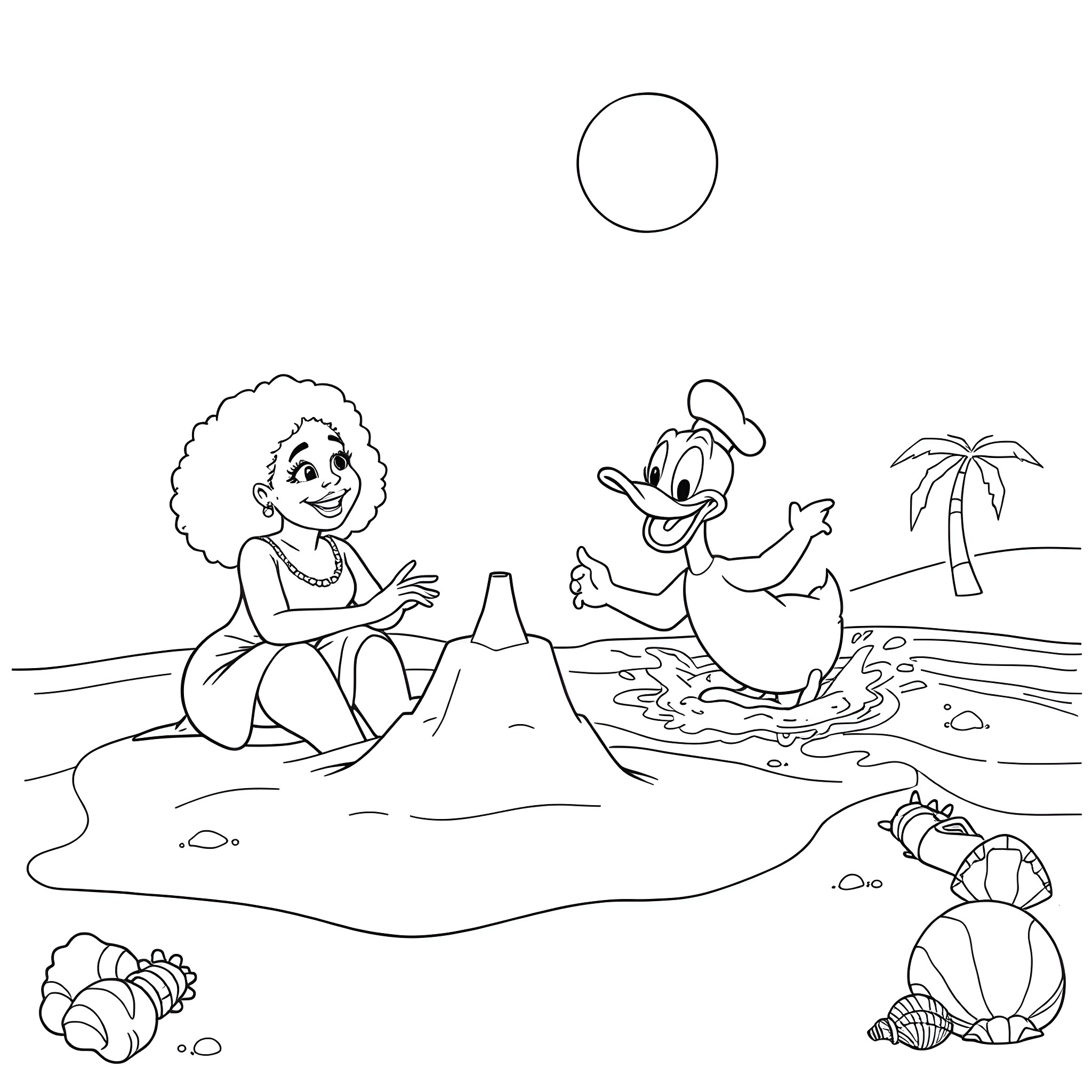 Oprah and friend enjoying a day at the beach Coloring Page (free black-and-white line drawing printable PDF for all, from beginners to advanced learners, including children, teens, adults, and seniors)
