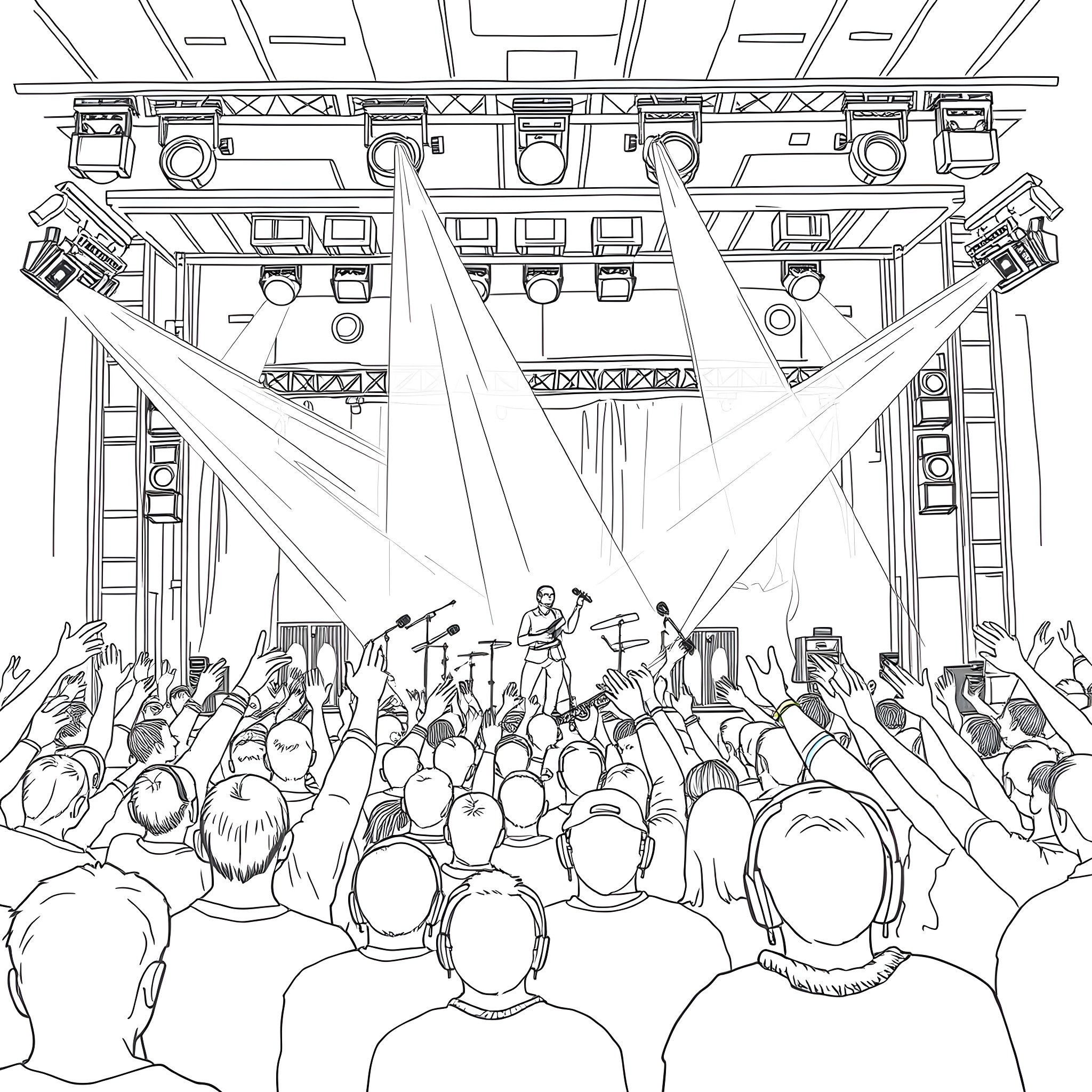 Metallica performing energetically on stage Coloring Page (free black-and-white line drawing printable PDF for all, from beginners to advanced learners, including children, teens, adults, and seniors)