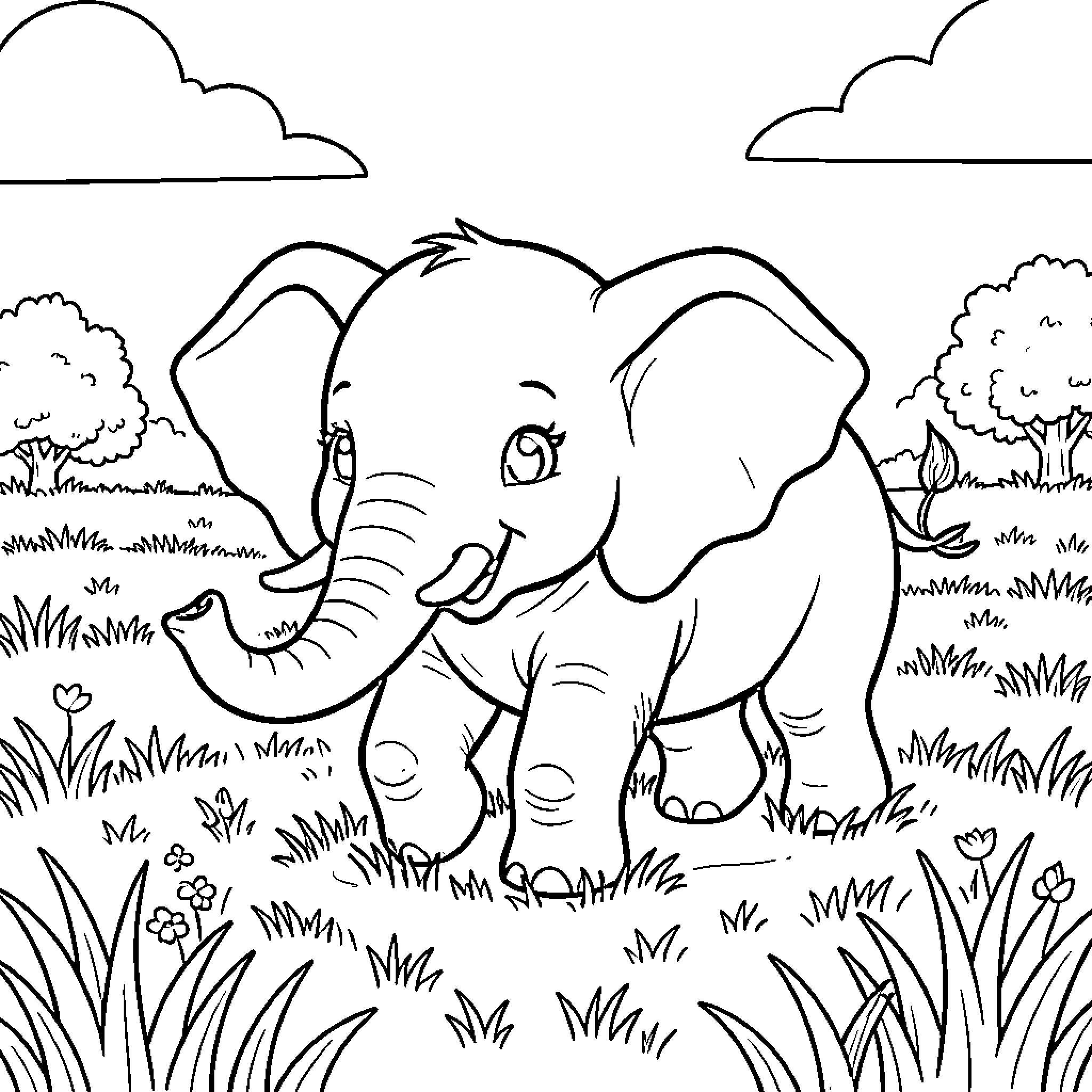 Elephant playing in a lush field Coloring Page (free black-and-white line drawing printable PDF for all, from beginners to advanced learners, including children, teens, adults, and seniors)