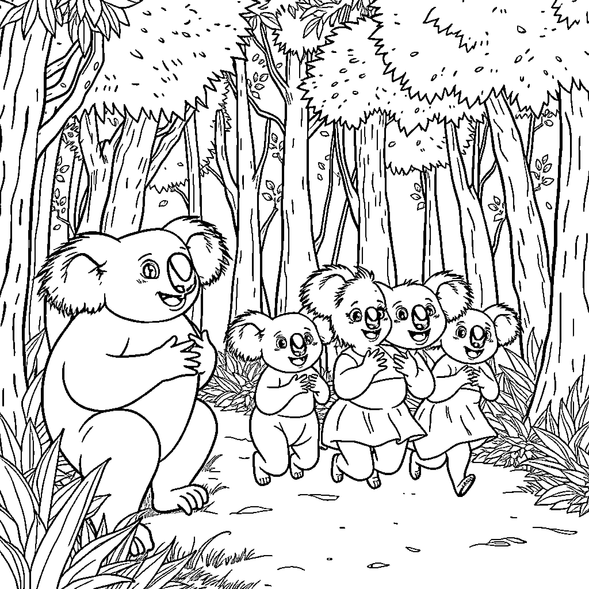 Koala family in the forest Coloring Page (free black-and-white line drawing printable PDF for all, from beginners to advanced learners, including children, teens, adults, and seniors)