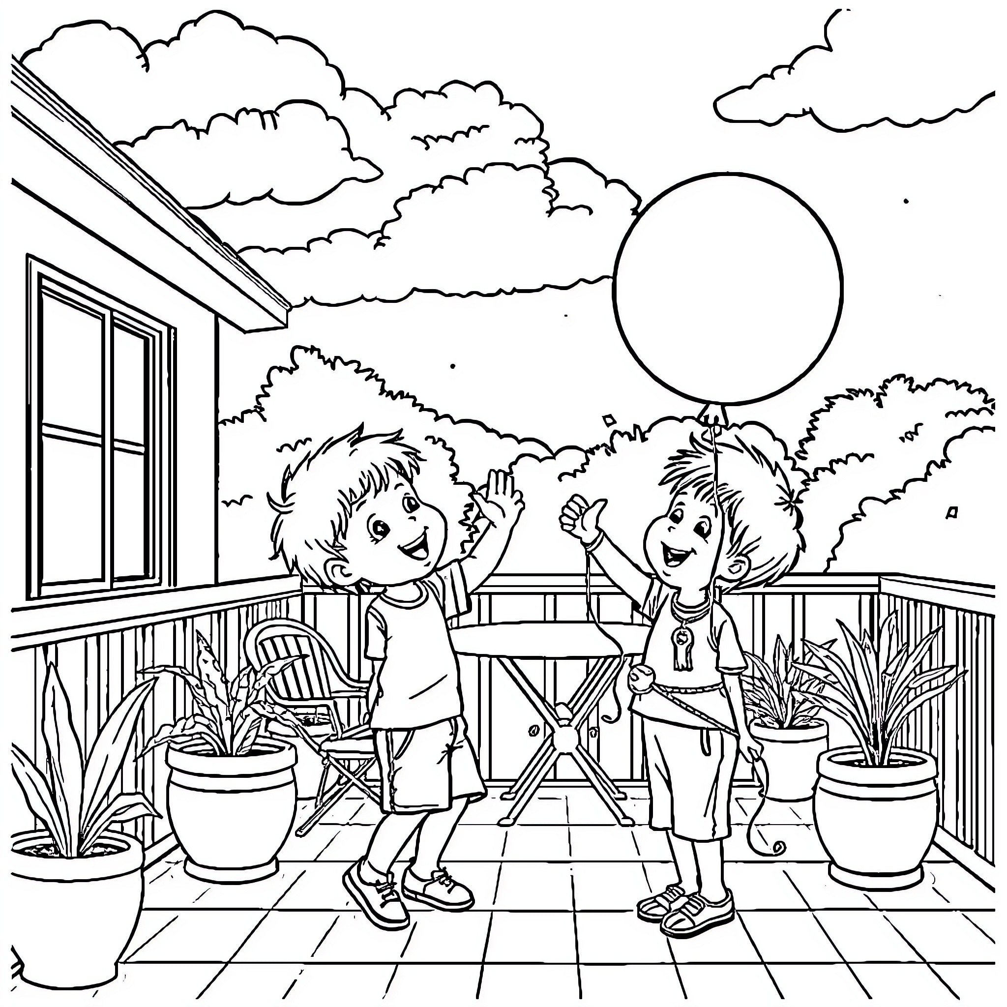 Boy and girl playing with balloons on a sunny day Coloring Page (free black-and-white line drawing printable PDF for all, from beginners to advanced learners, including children, teens, adults, and seniors)