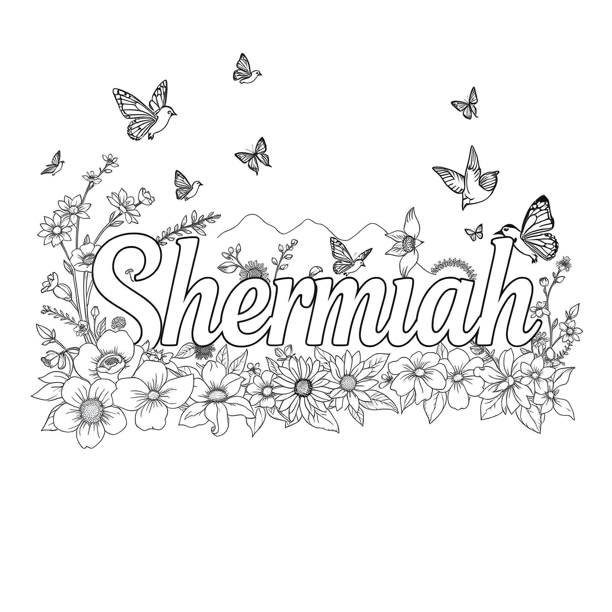 Shermiah's Garden of Flowers and Butterflies Coloring Page (free black-and-white line drawing printable PDF for all, from beginners to advanced learners, including children, teens, adults, and seniors)