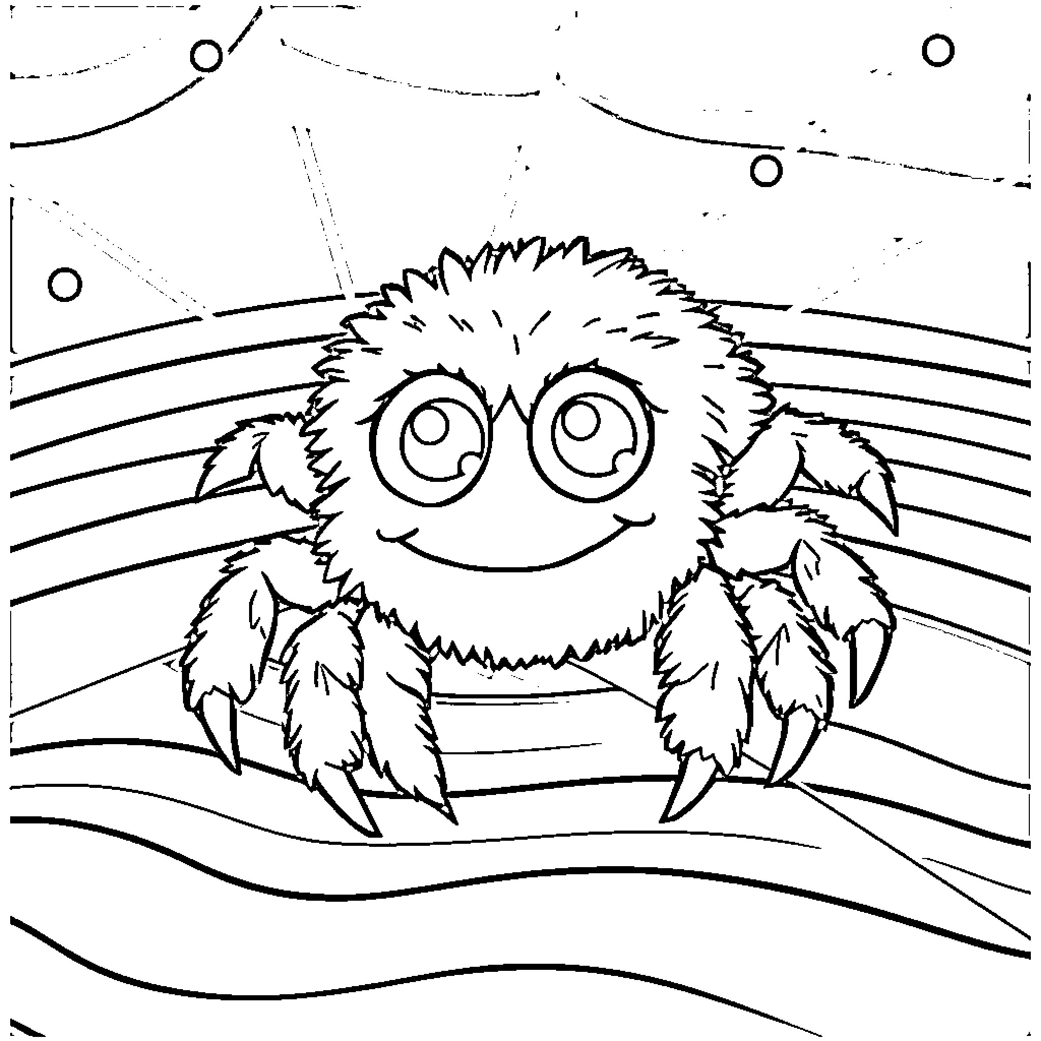 Spider character smiling happily in a whimsical landscape Coloring Page (free black-and-white line drawing printable PDF for all, from beginners to advanced learners, including children, teens, adults, and seniors)