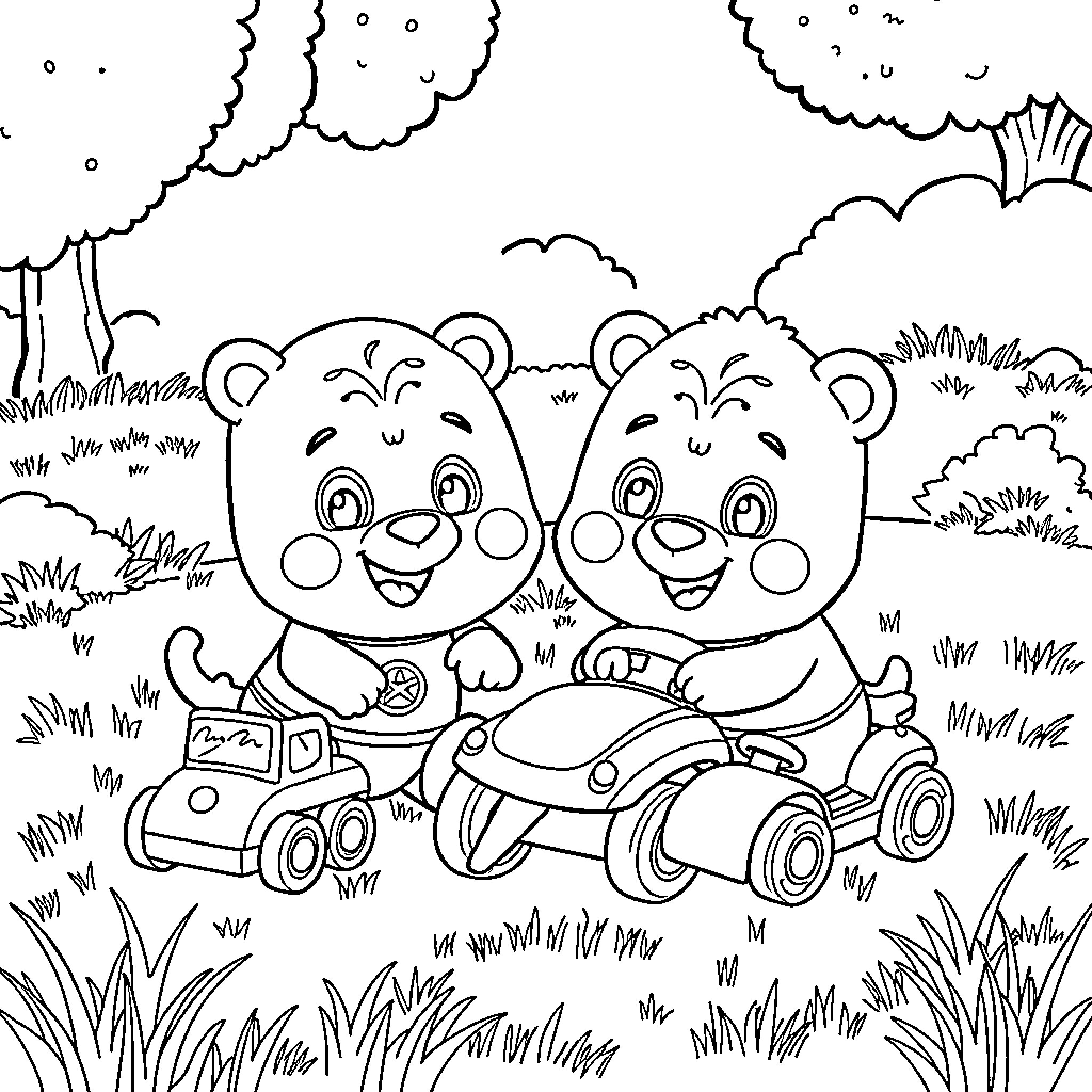 Duggee and his friends enjoying a ride on scooters Coloring Page (free black-and-white line drawing printable PDF for all, from beginners to advanced learners, including children, teens, adults, and seniors)