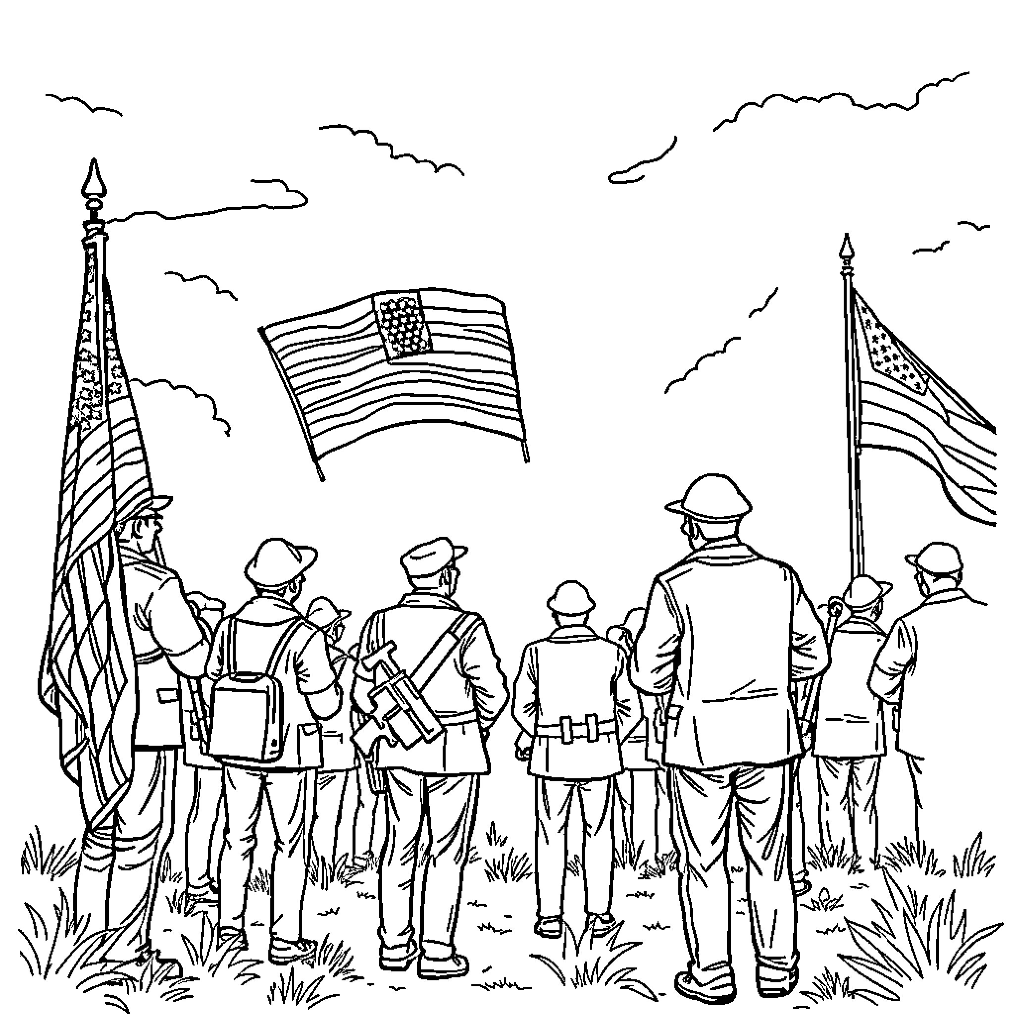 Courage of Patriotic Service in the Field Coloring Page (free black-and-white line drawing printable PDF for all, from beginners to advanced learners, including children, teens, adults, and seniors)