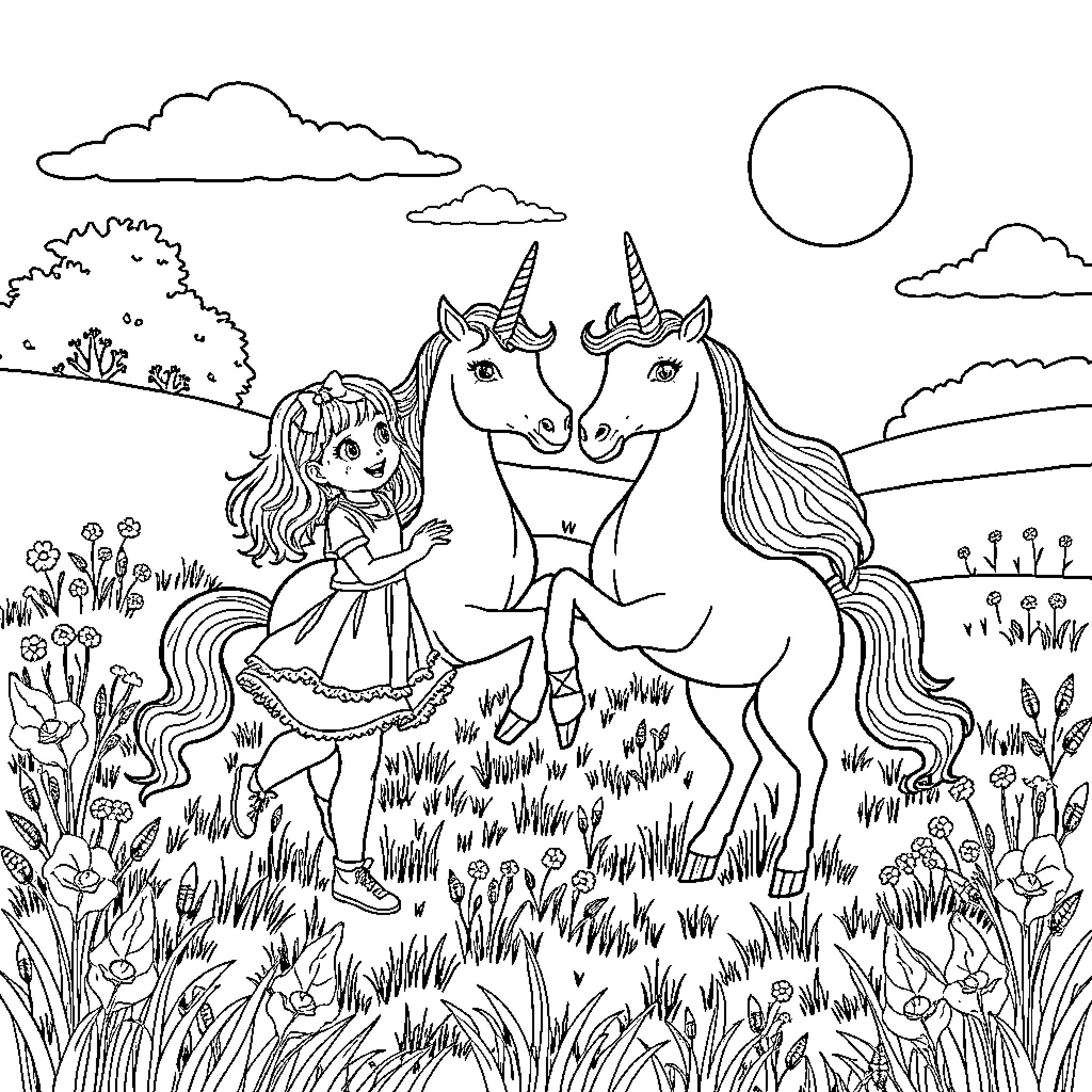 Girl exploring the enchanted unicorn meadow Coloring Page (free black-and-white line drawing printable PDF for all, from beginners to advanced learners, including children, teens, adults, and seniors)