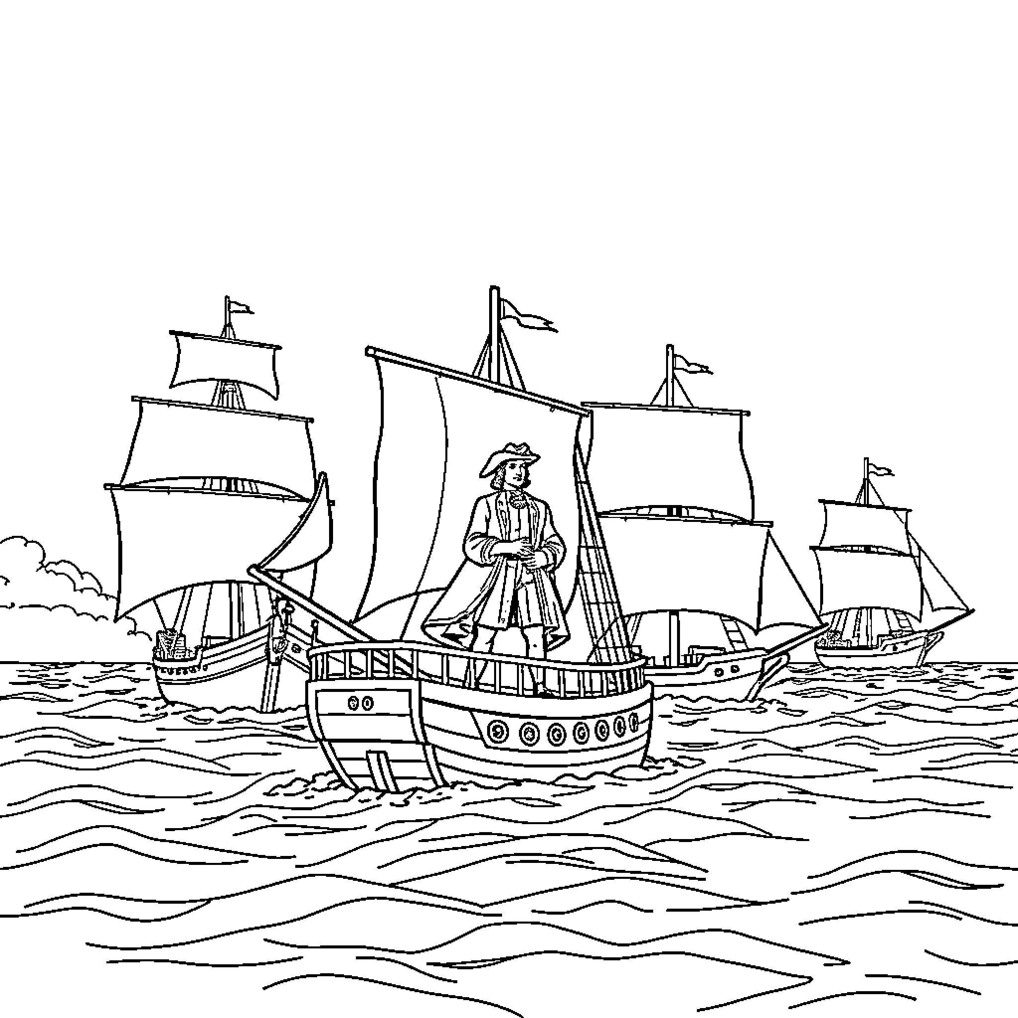 Cristobal Colon's Exploratory Voyage on the High Seas Coloring Page (free black-and-white line drawing printable PDF for all, from beginners to advanced learners, including children, teens, adults, and seniors)