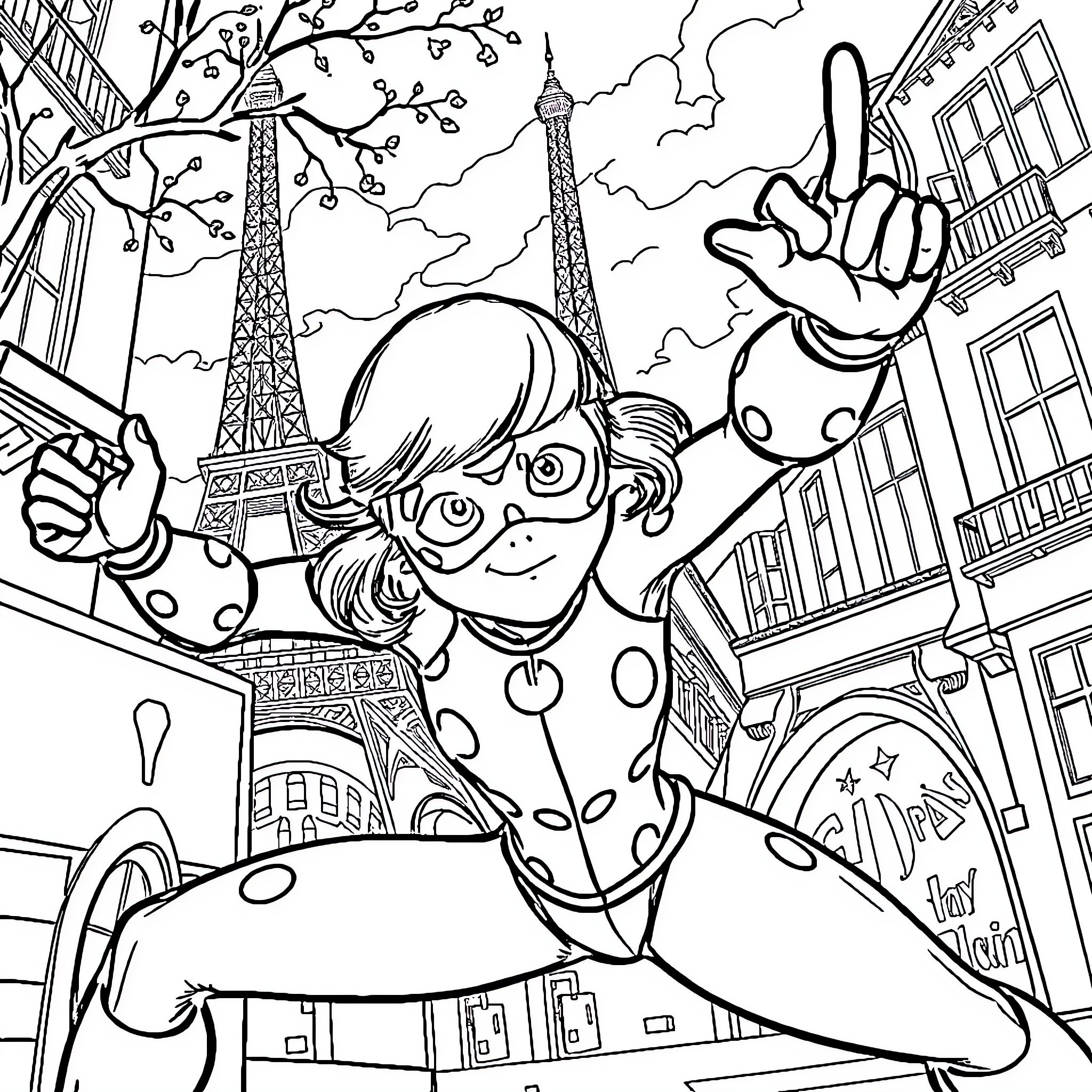 Miraculous Ladybug on a Parisian Adventure Coloring Page (free black-and-white line drawing printable PDF for all, from beginners to advanced learners, including children, teens, adults, and seniors)
