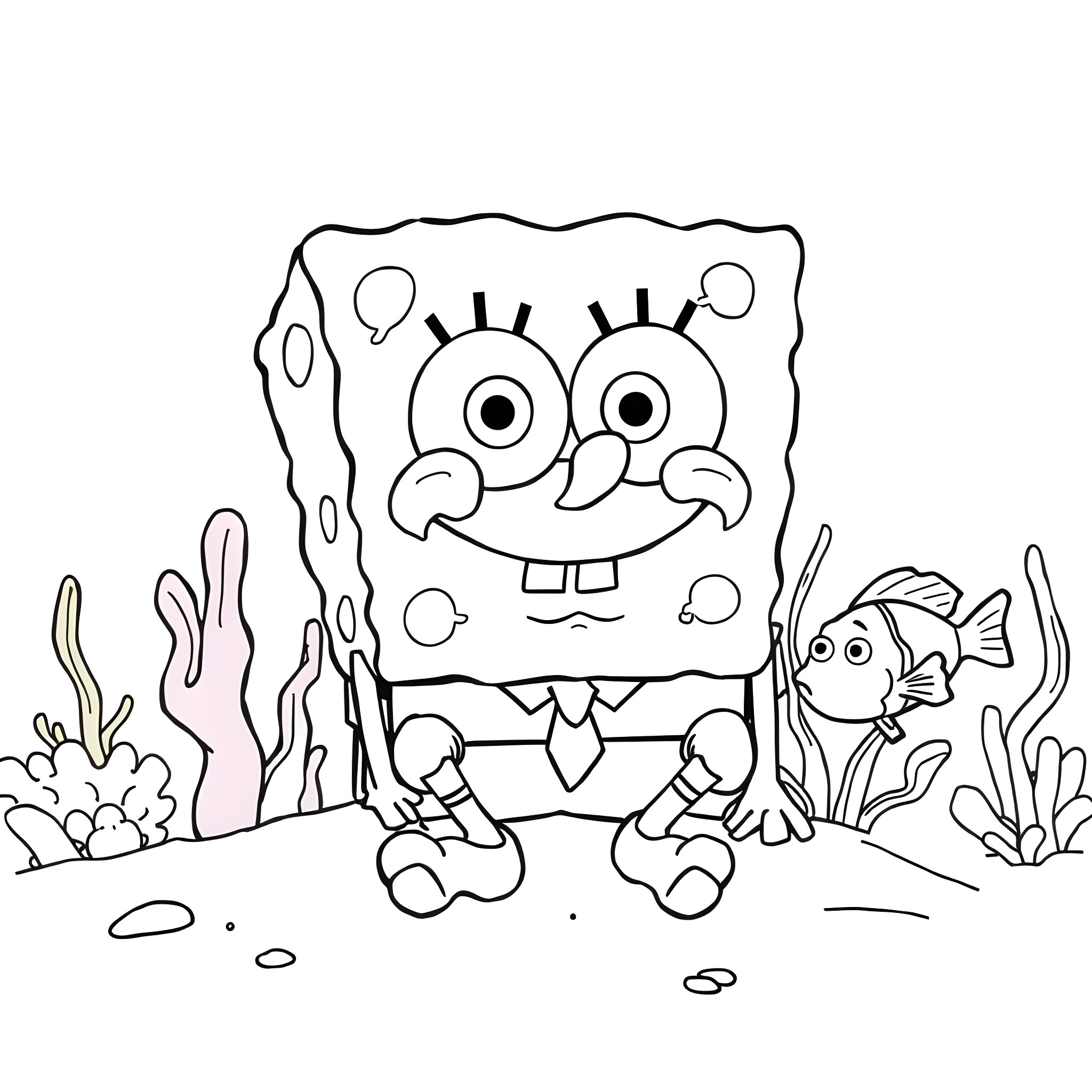 Spongebob and Patrick playing in the ocean Coloring Page (free black-and-white line drawing printable PDF for all, from beginners to advanced learners, including children, teens, adults, and seniors)