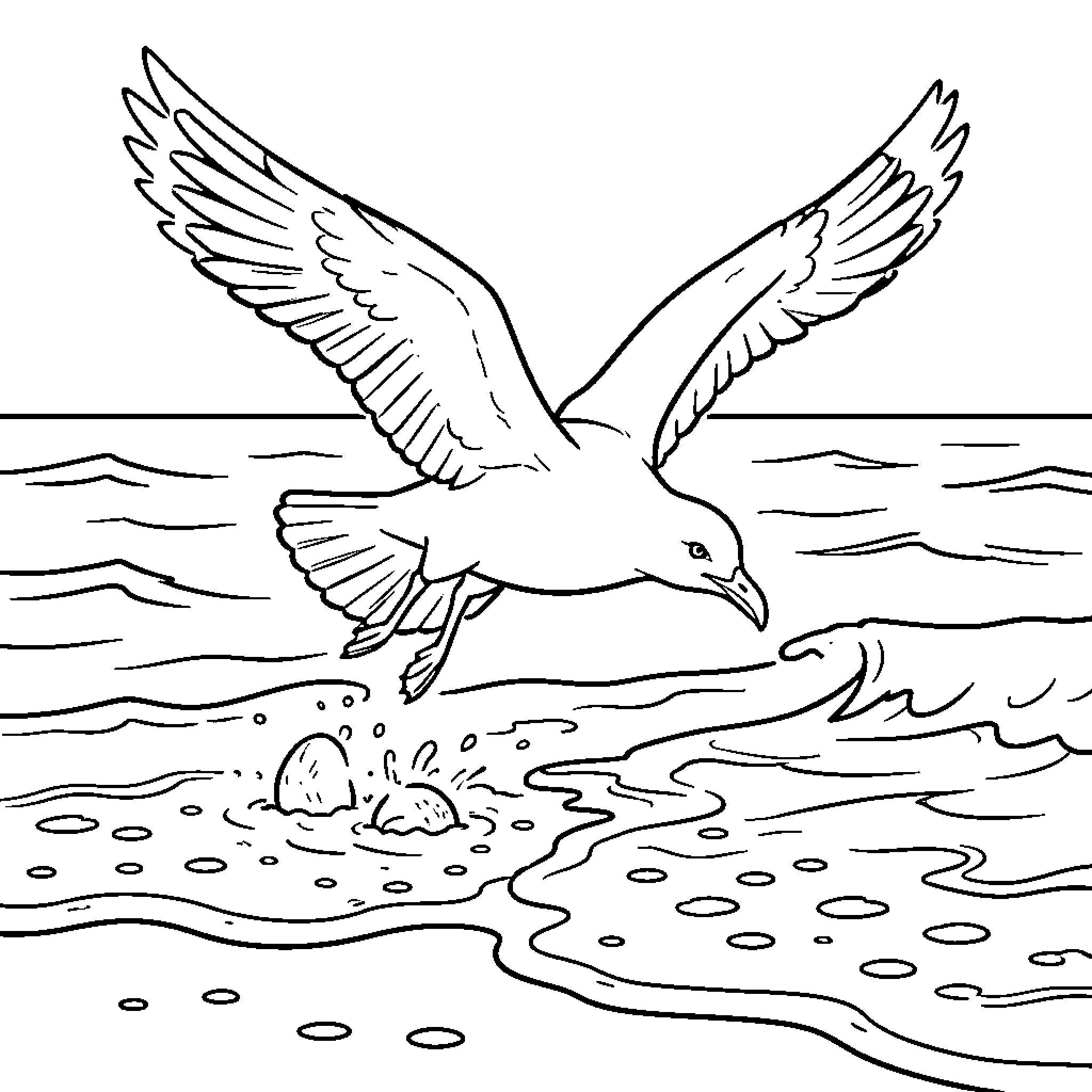 Seagull flying low over ocean waves Coloring Page (free black-and-white line drawing printable PDF for all, from beginners to advanced learners, including children, teens, adults, and seniors)
