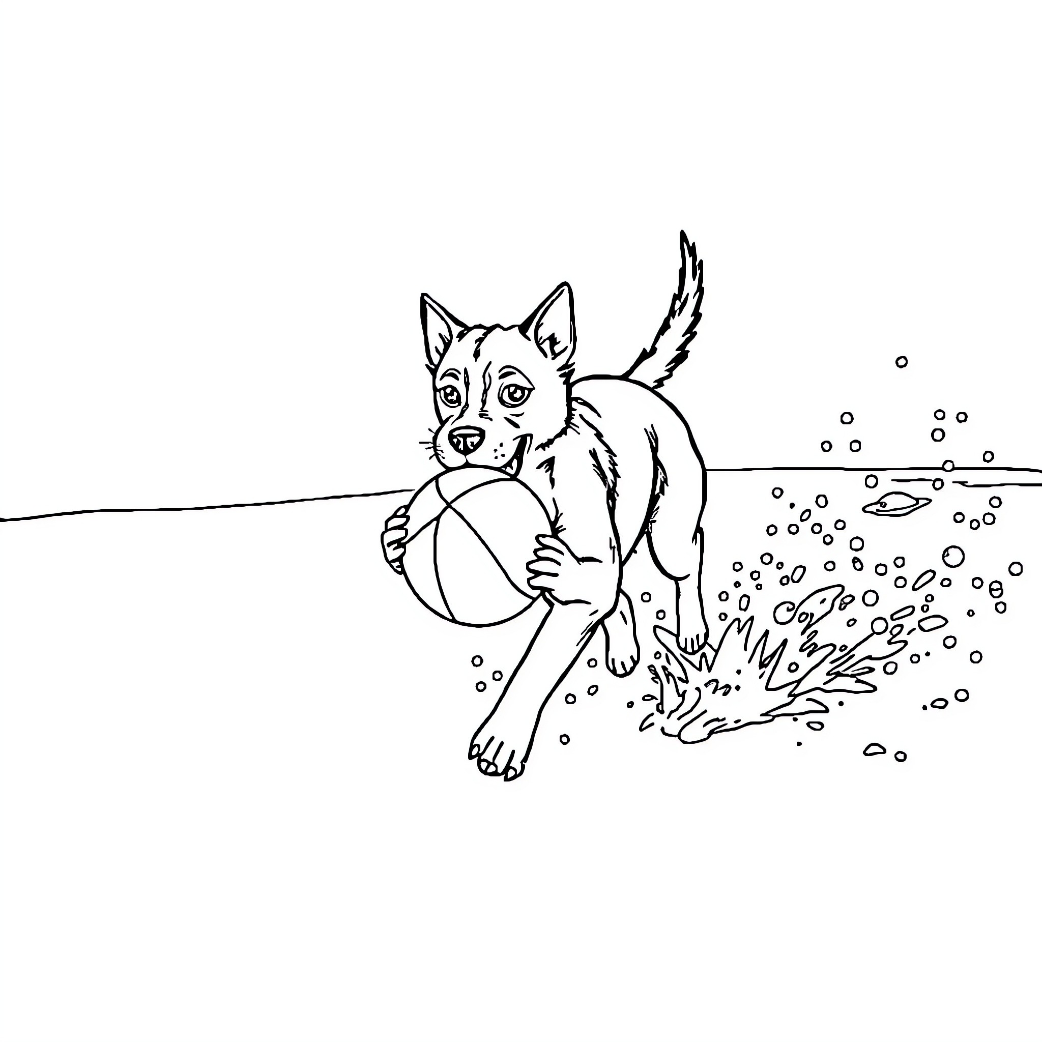 Perro playing joyfully with beach ball Coloring Page (free black-and-white line drawing printable PDF for all, from beginners to advanced learners, including children, teens, adults, and seniors)