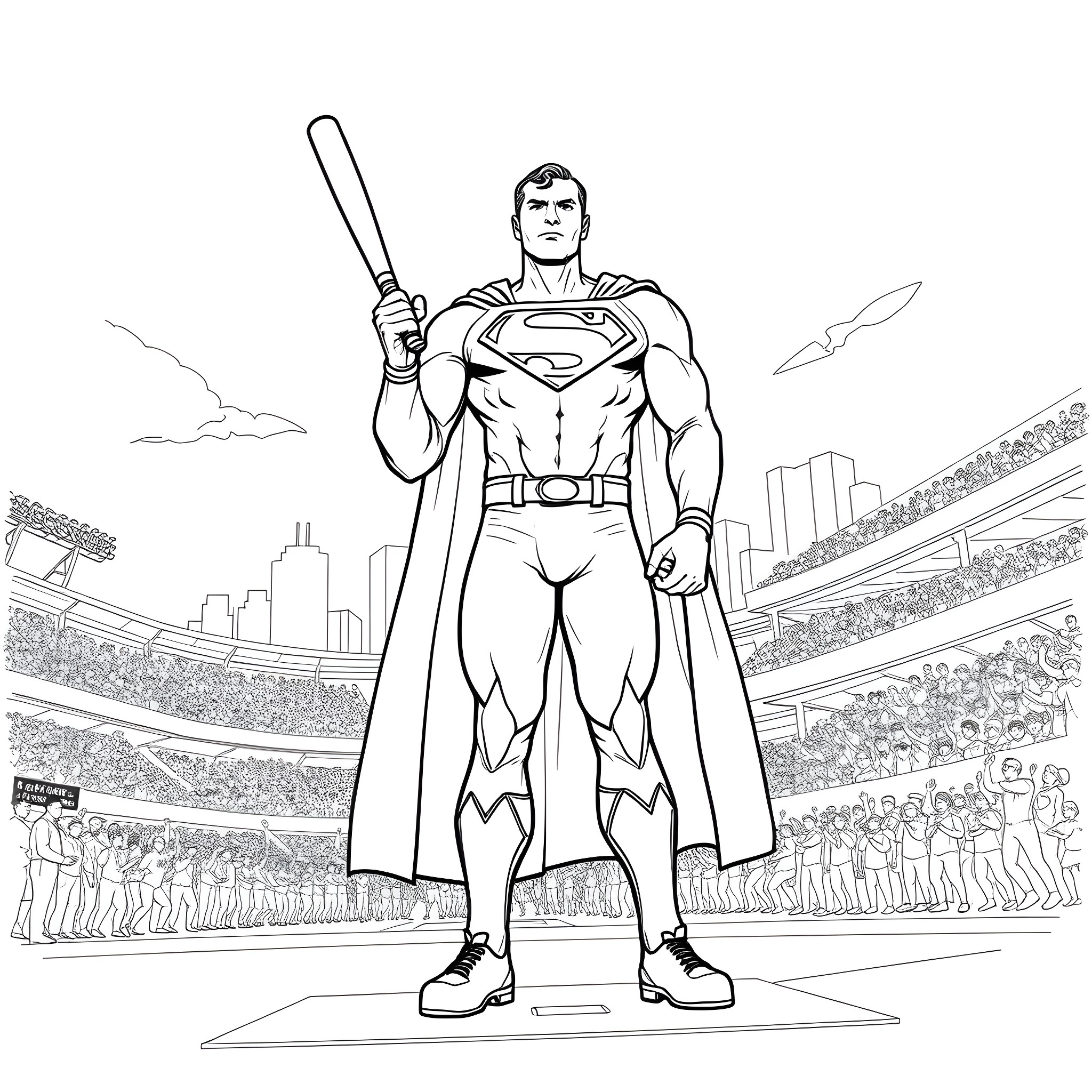 Superman standing heroically in a stadium Coloring Page (free black-and-white line drawing printable PDF for all, from beginners to advanced learners, including children, teens, adults, and seniors)