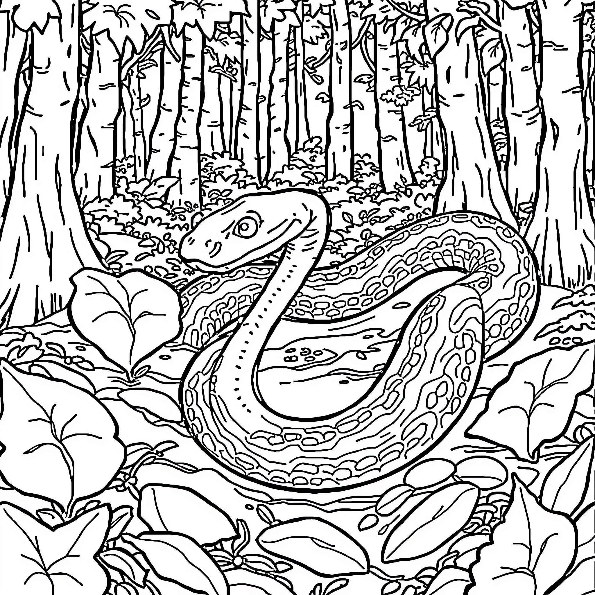 Rubber Boa in the Enchanted Forest Coloring Page (free black-and-white line drawing printable PDF for all, from beginners to advanced learners, including children, teens, adults, and seniors)