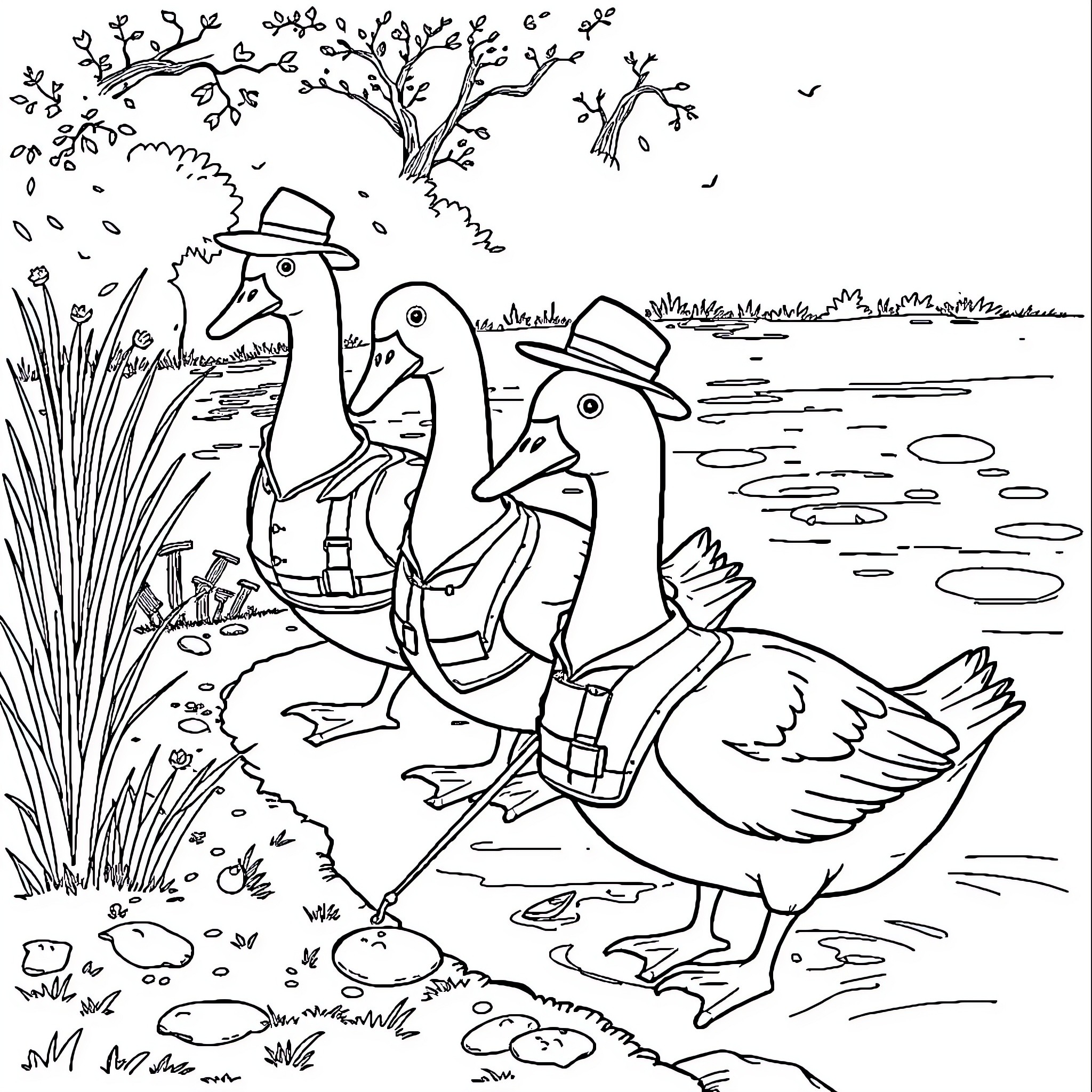 Goose family strolling through the countryside Coloring Page (free black-and-white line drawing printable PDF for all, from beginners to advanced learners, including children, teens, adults, and seniors)