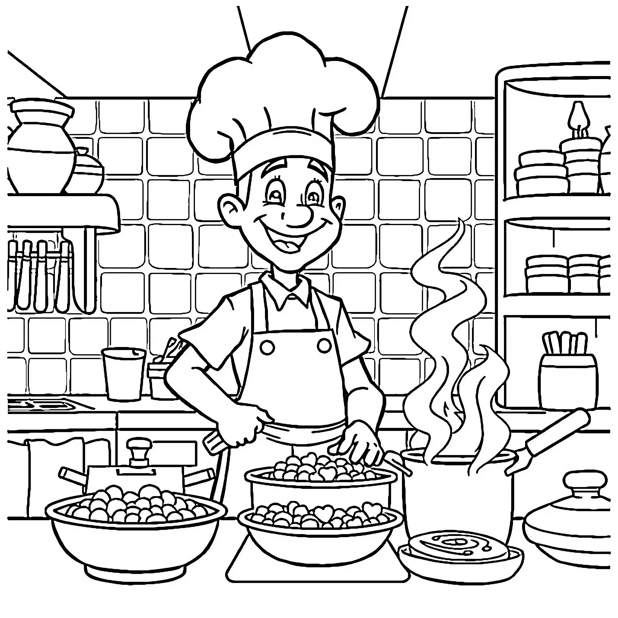 Chef happily cooking in a kitchen setting Coloring Page (free black-and-white line drawing printable PDF for all, from beginners to advanced learners, including children, teens, adults, and seniors)