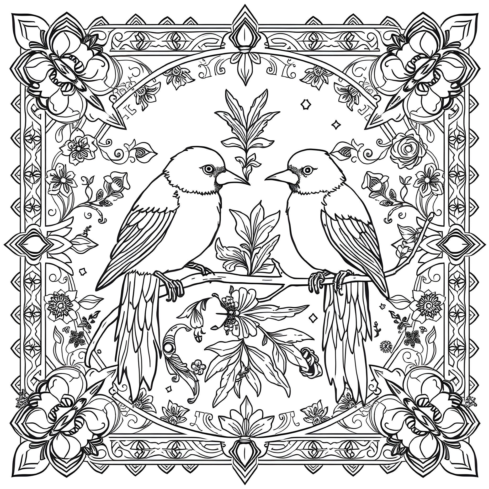 Birds in ornate floral frame Coloring Page (free black-and-white line drawing printable PDF for all, from beginners to advanced learners, including children, teens, adults, and seniors)