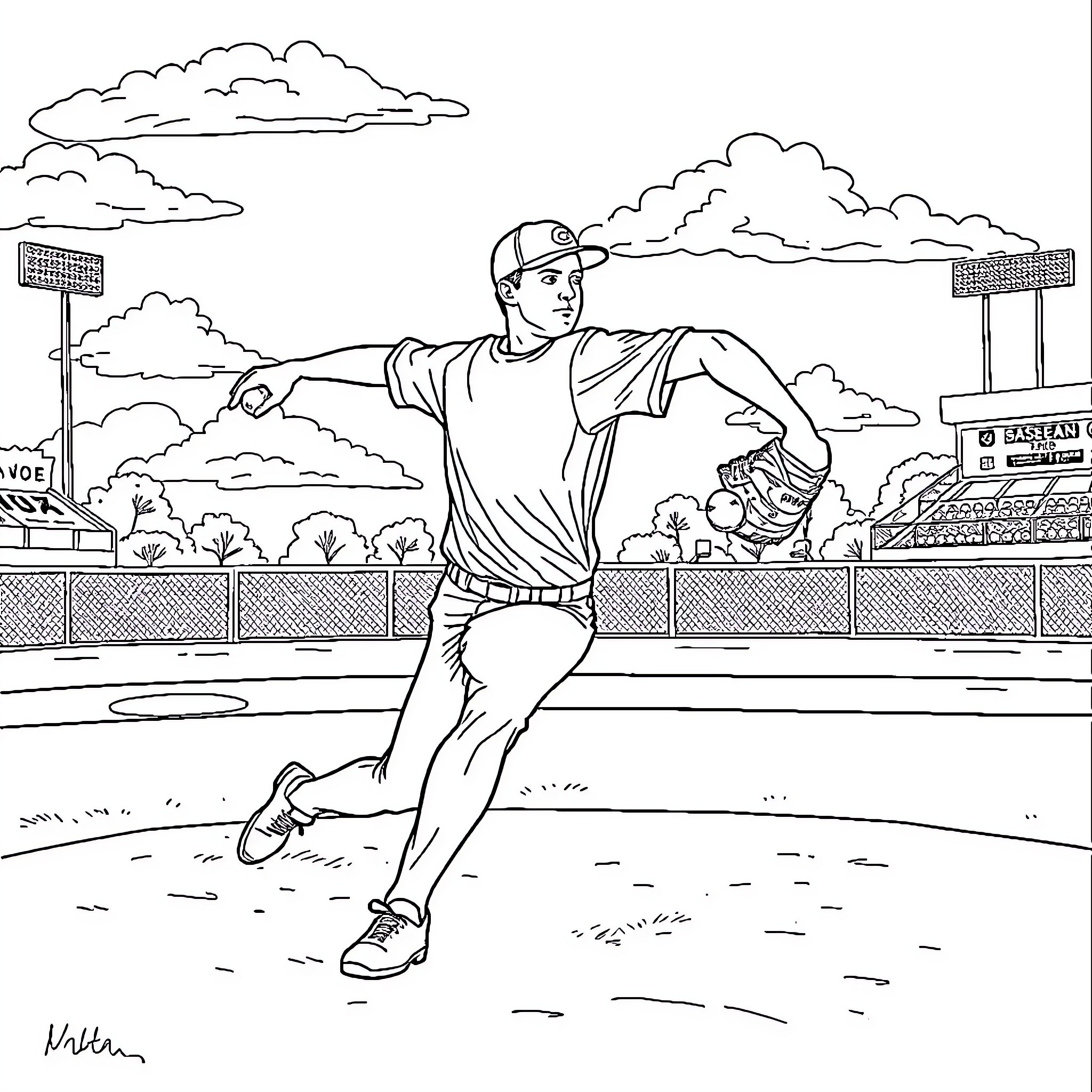 Pitcher throwing ball in baseball stadium Coloring Page (free black-and-white line drawing printable PDF for all, from beginners to advanced learners, including children, teens, adults, and seniors)