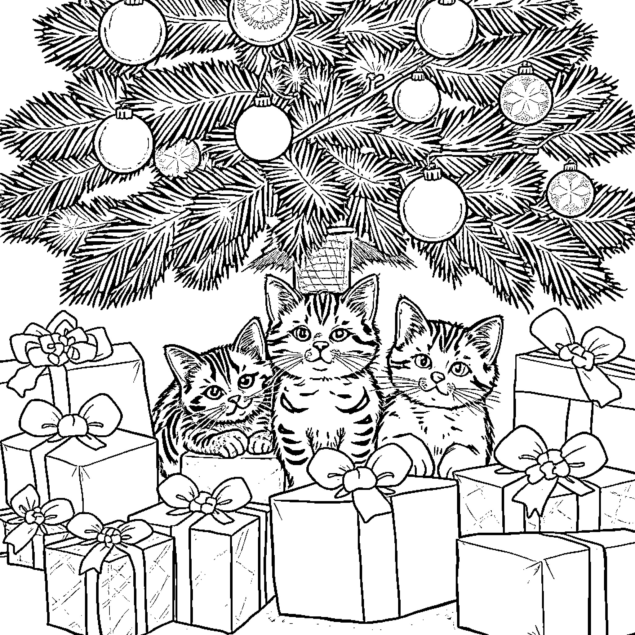Cats among Christmas gifts and decorations Coloring Page (free black-and-white line drawing printable PDF for all, from beginners to advanced learners, including children, teens, adults, and seniors)