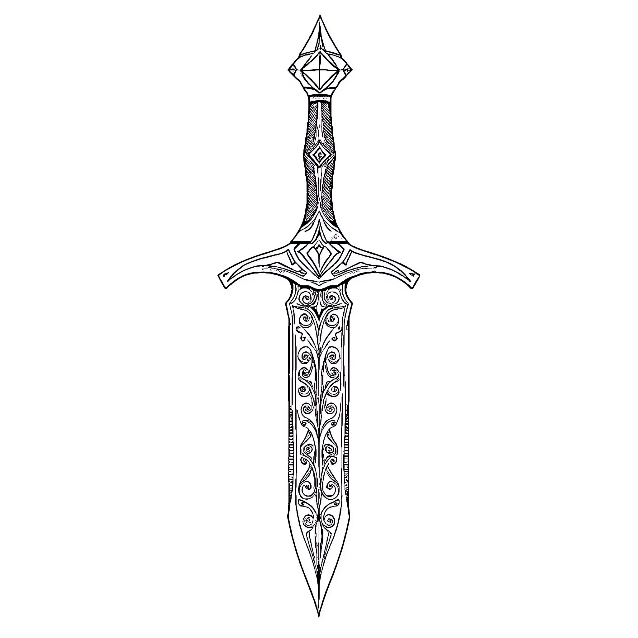Sword with Intricate Floral Engravings Coloring Page (free black-and-white line drawing printable PDF for all, from beginners to advanced learners, including children, teens, adults, and seniors)