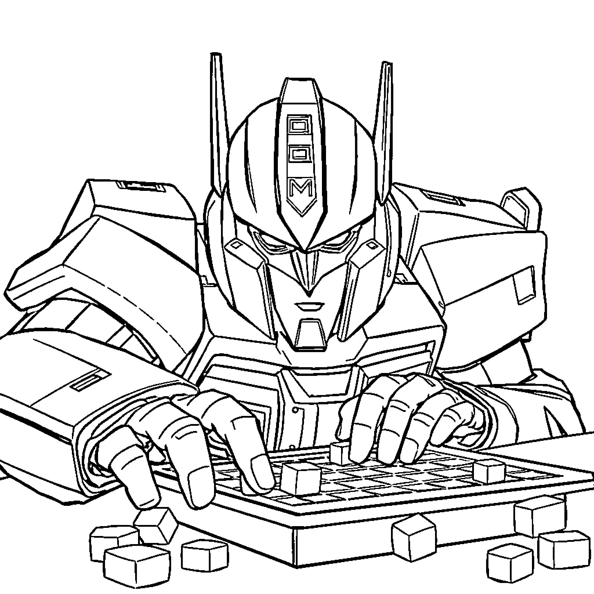 Optimus Prime Playing Strategically with Building Blocks Coloring Page (free black-and-white line drawing printable PDF for all, from beginners to advanced learners, including children, teens, adults, and seniors)