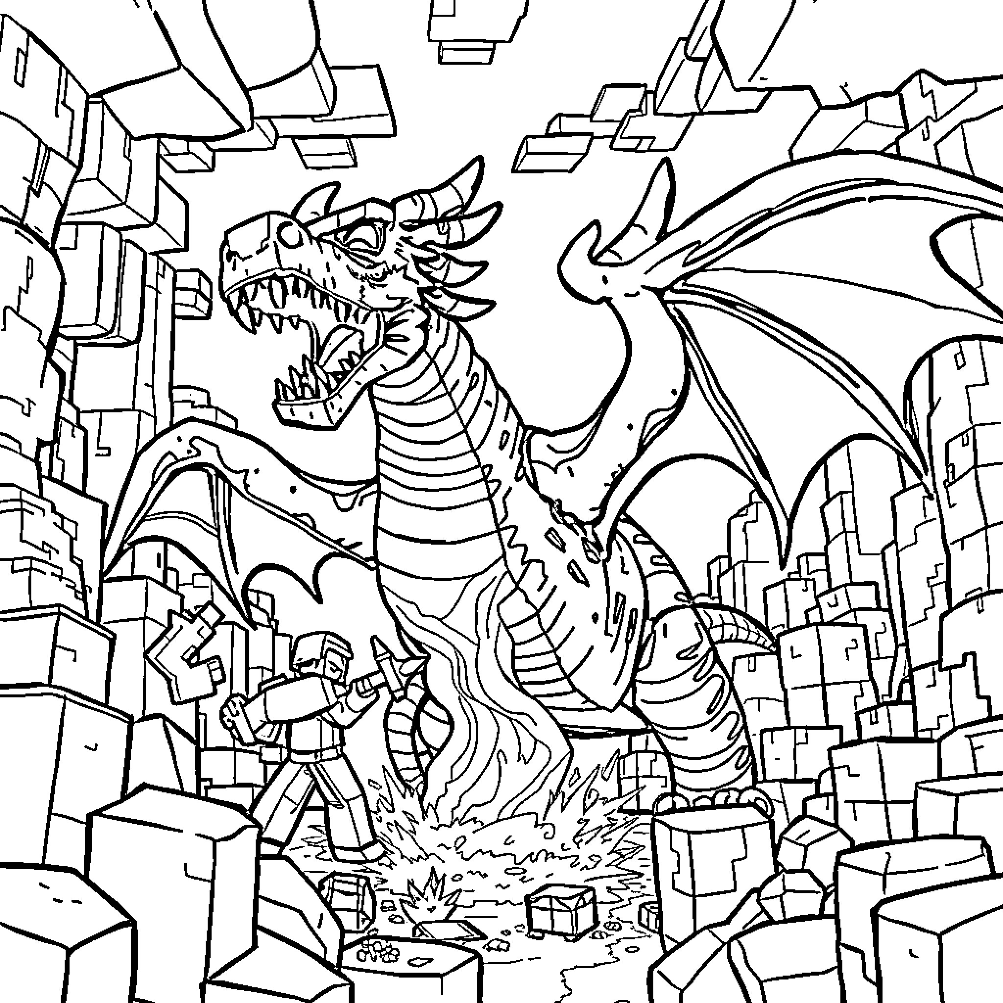 Underdragon battles city with mighty roar Coloring Page (free black-and-white line drawing printable PDF for all, from beginners to advanced learners, including children, teens, adults, and seniors)