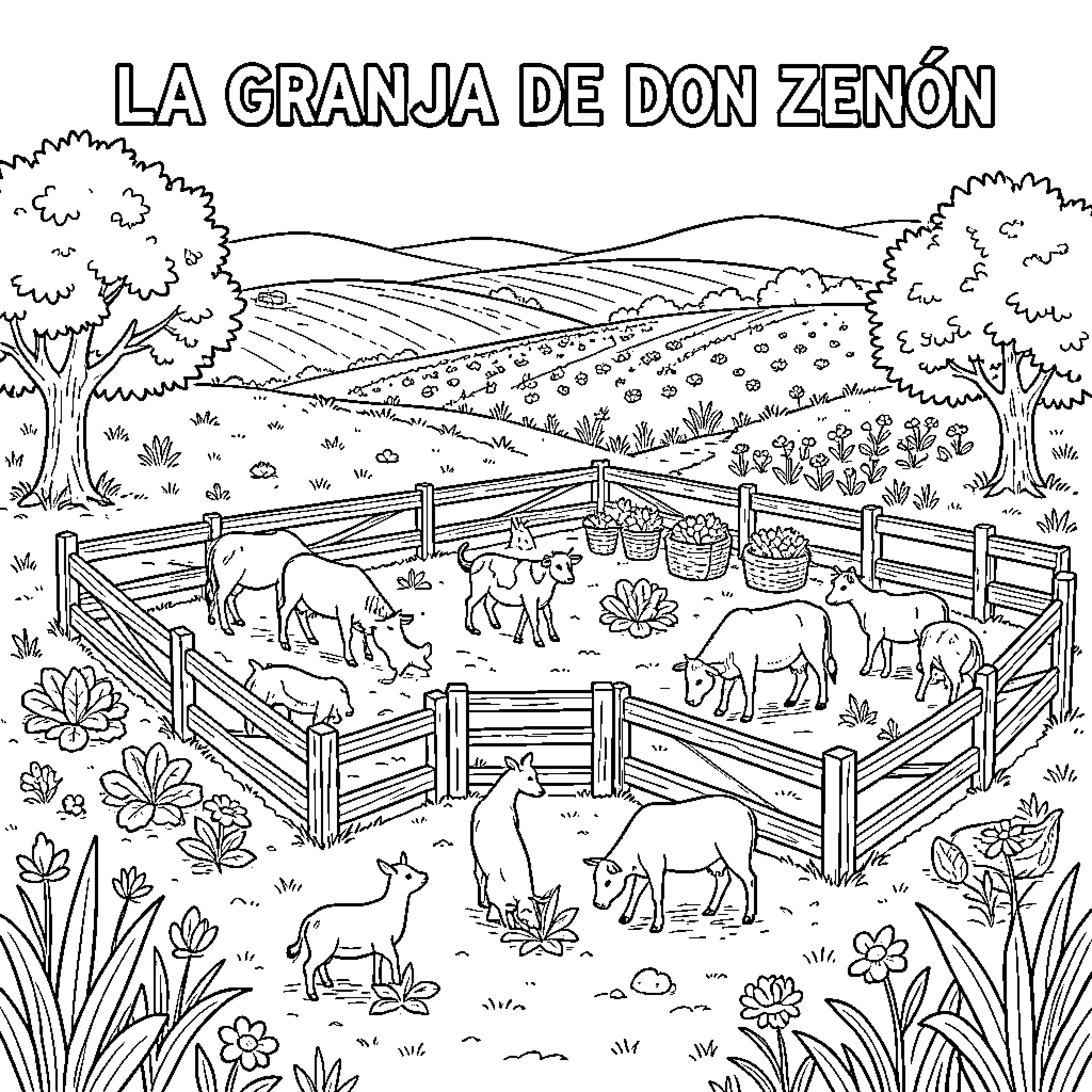 Granja with various farm animals in a fenced enclosure Coloring Page (free black-and-white line drawing printable PDF for all, from beginners to advanced learners, including children, teens, adults, and seniors)