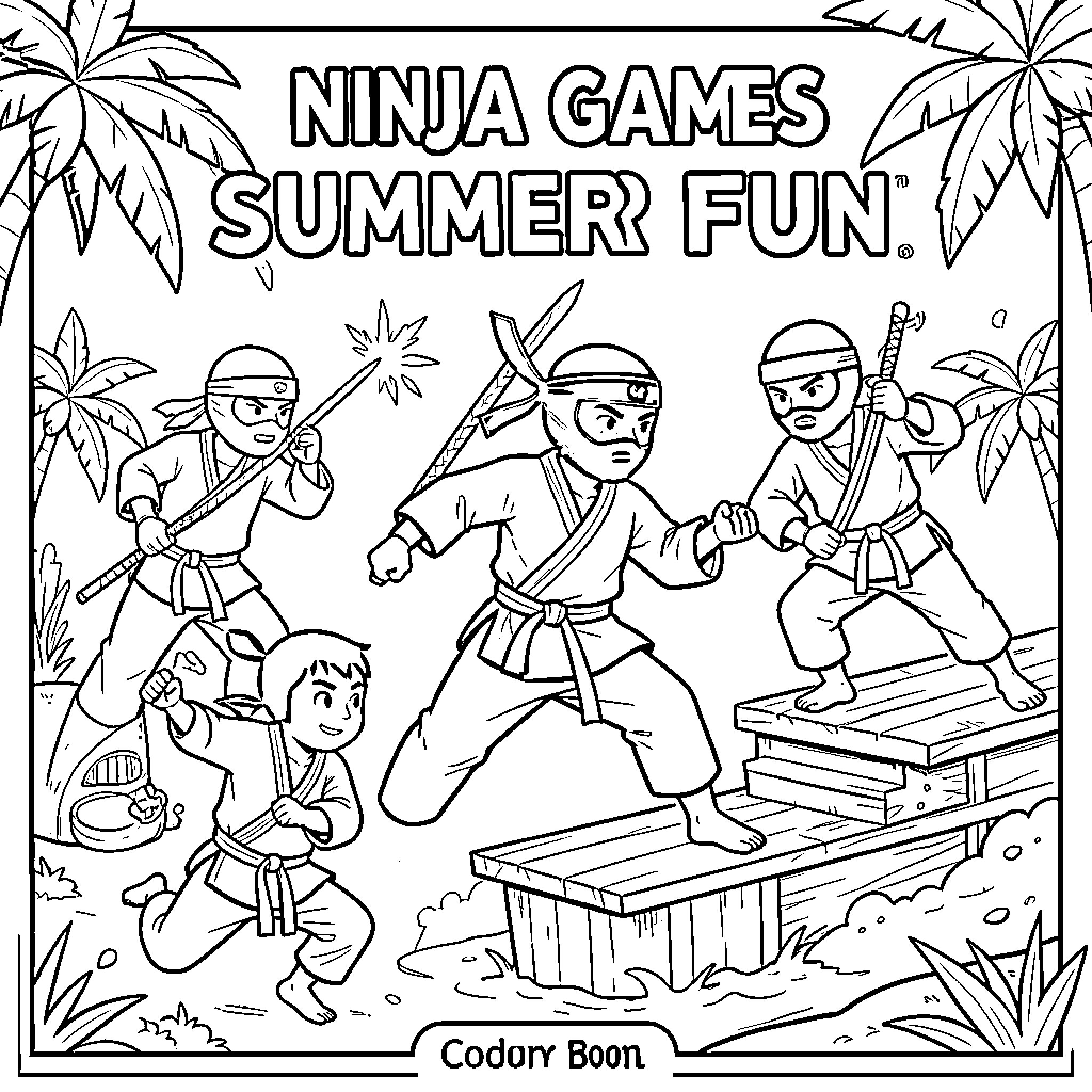 Ninja characters practicing martial arts in a jungle Coloring Page (free black-and-white line drawing printable PDF for all, from beginners to advanced learners, including children, teens, adults, and seniors)