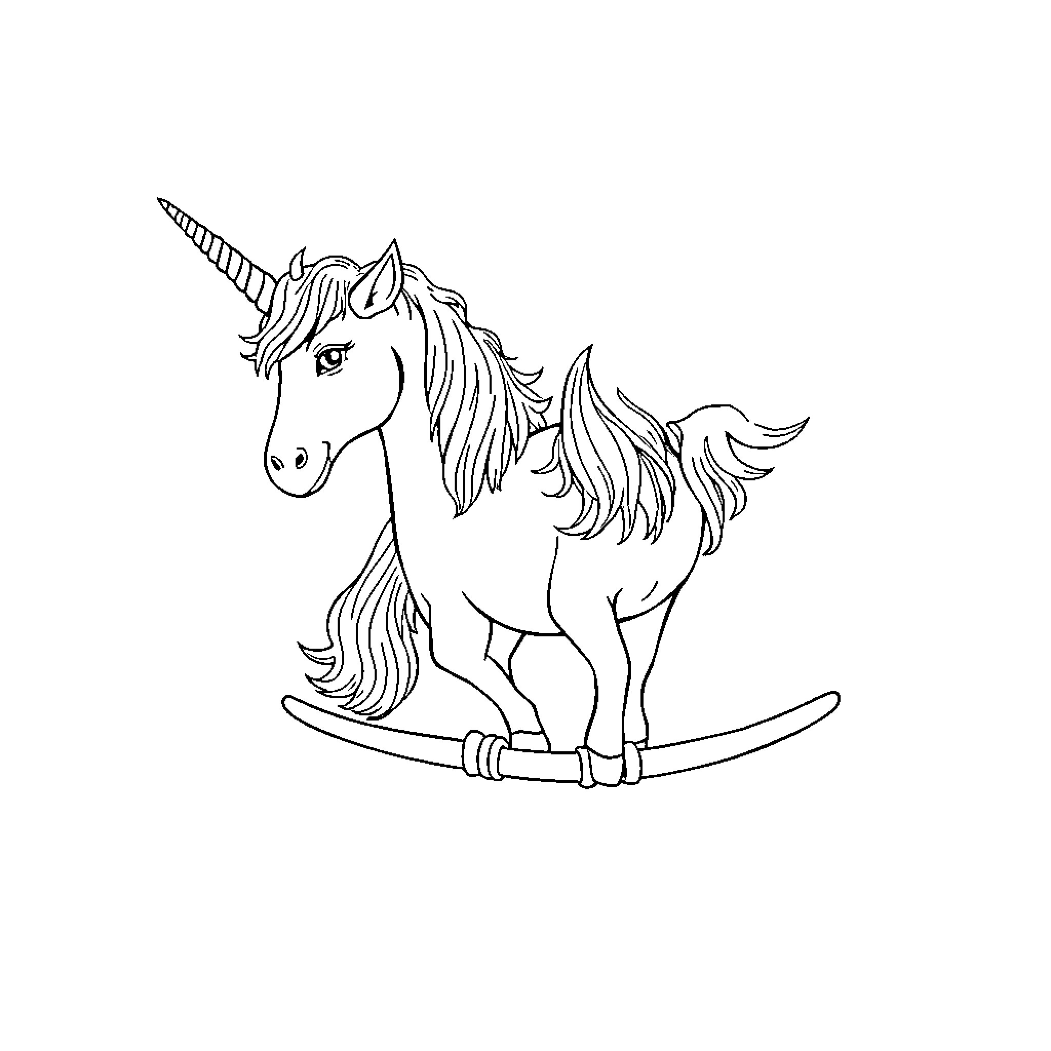 Unicorn riding a rocking horse Coloring Page (free black-and-white line drawing printable PDF for all, from beginners to advanced learners, including children, teens, adults, and seniors)