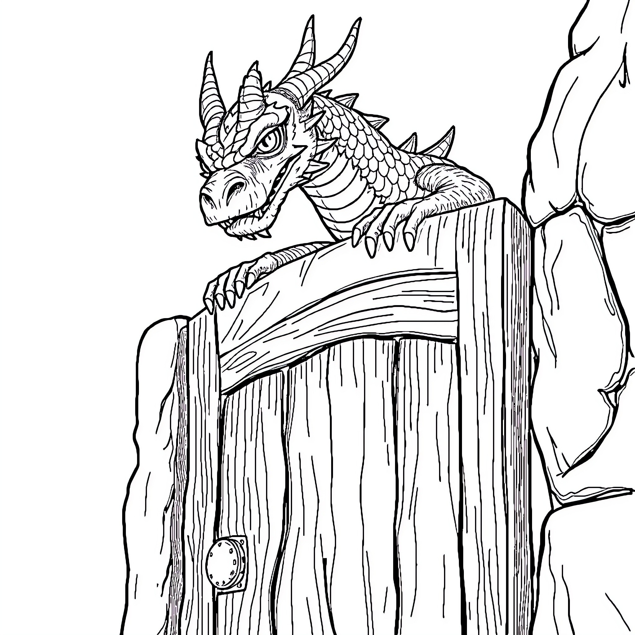 Dragon Emerging from Rugged Terrain Coloring Page (free black-and-white line drawing printable PDF for all, from beginners to advanced learners, including children, teens, adults, and seniors)