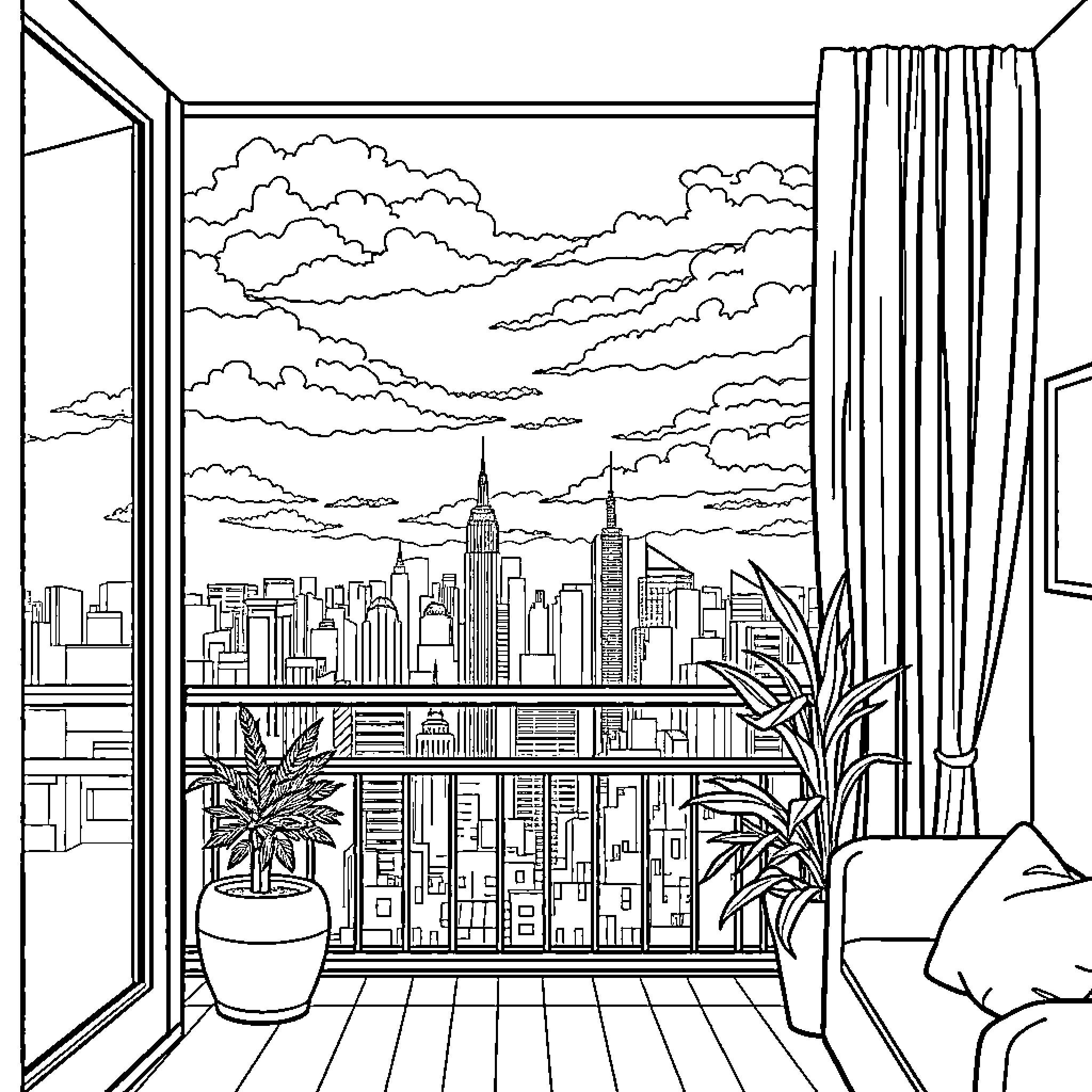 Balcony view of a bustling city skyline Coloring Page (free black-and-white line drawing printable PDF for all, from beginners to advanced learners, including children, teens, adults, and seniors)