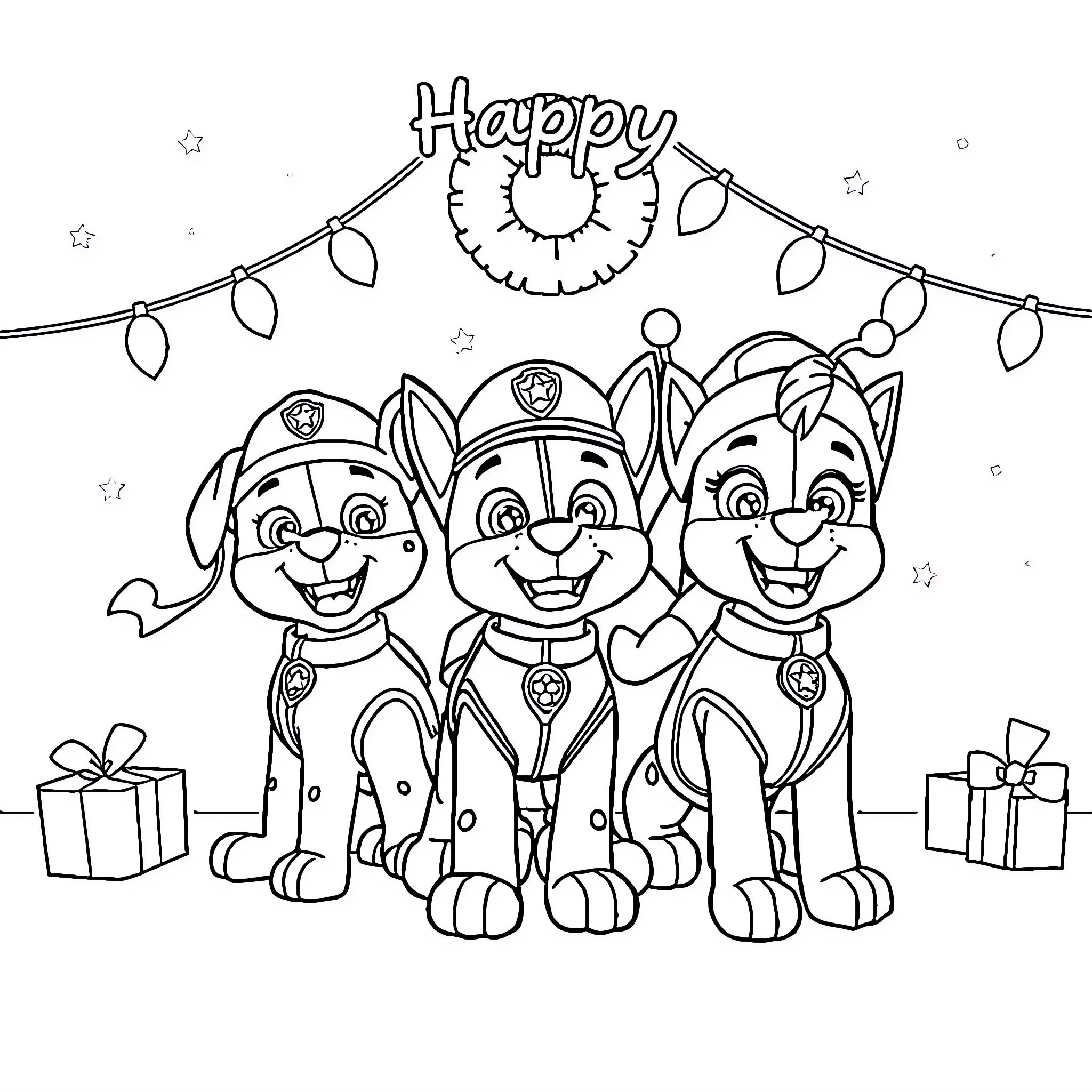 Paw Patrol Celebrating Happy Holidays with Gifts Coloring Page (free black-and-white line drawing printable PDF for all, from beginners to advanced learners, including children, teens, adults, and seniors)
