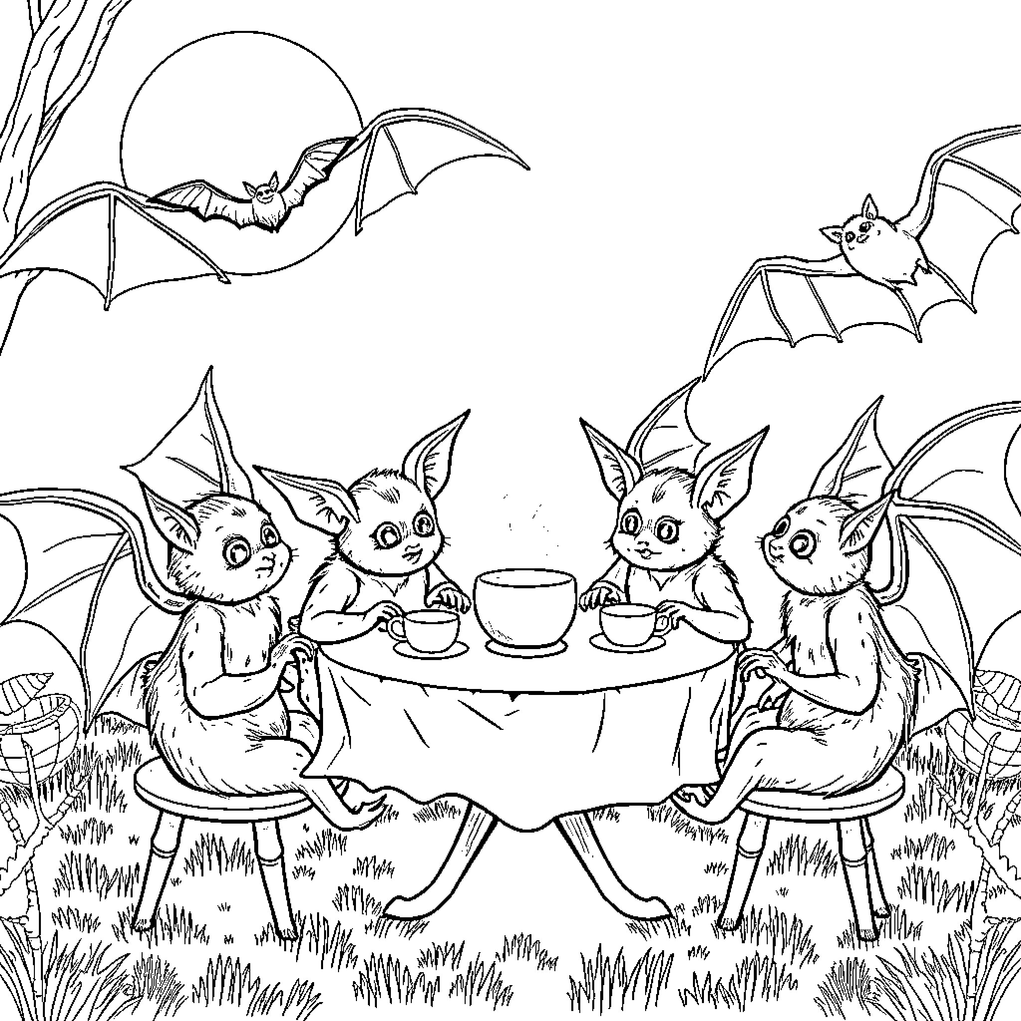 Bats enjoying a tea party in the moonlight Coloring Page (free black-and-white line drawing printable PDF for all, from beginners to advanced learners, including children, teens, adults, and seniors)