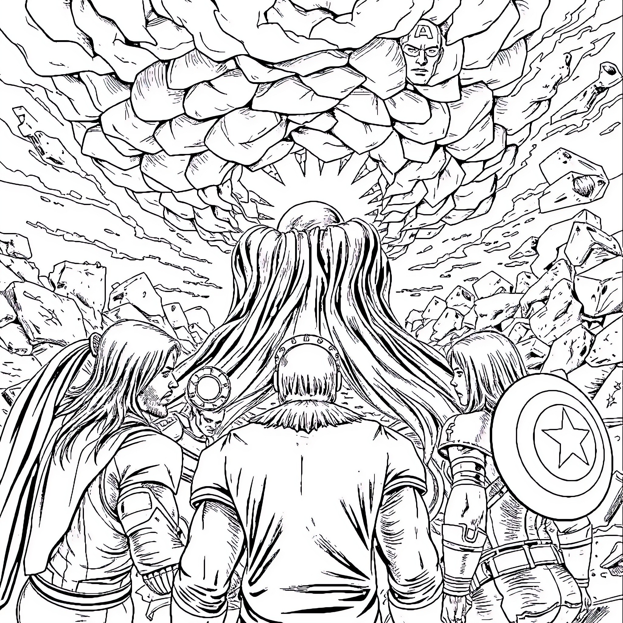 Avengers Assemble for an Epic Battle Coloring Page (free black-and-white line drawing printable PDF for all, from beginners to advanced learners, including children, teens, adults, and seniors)