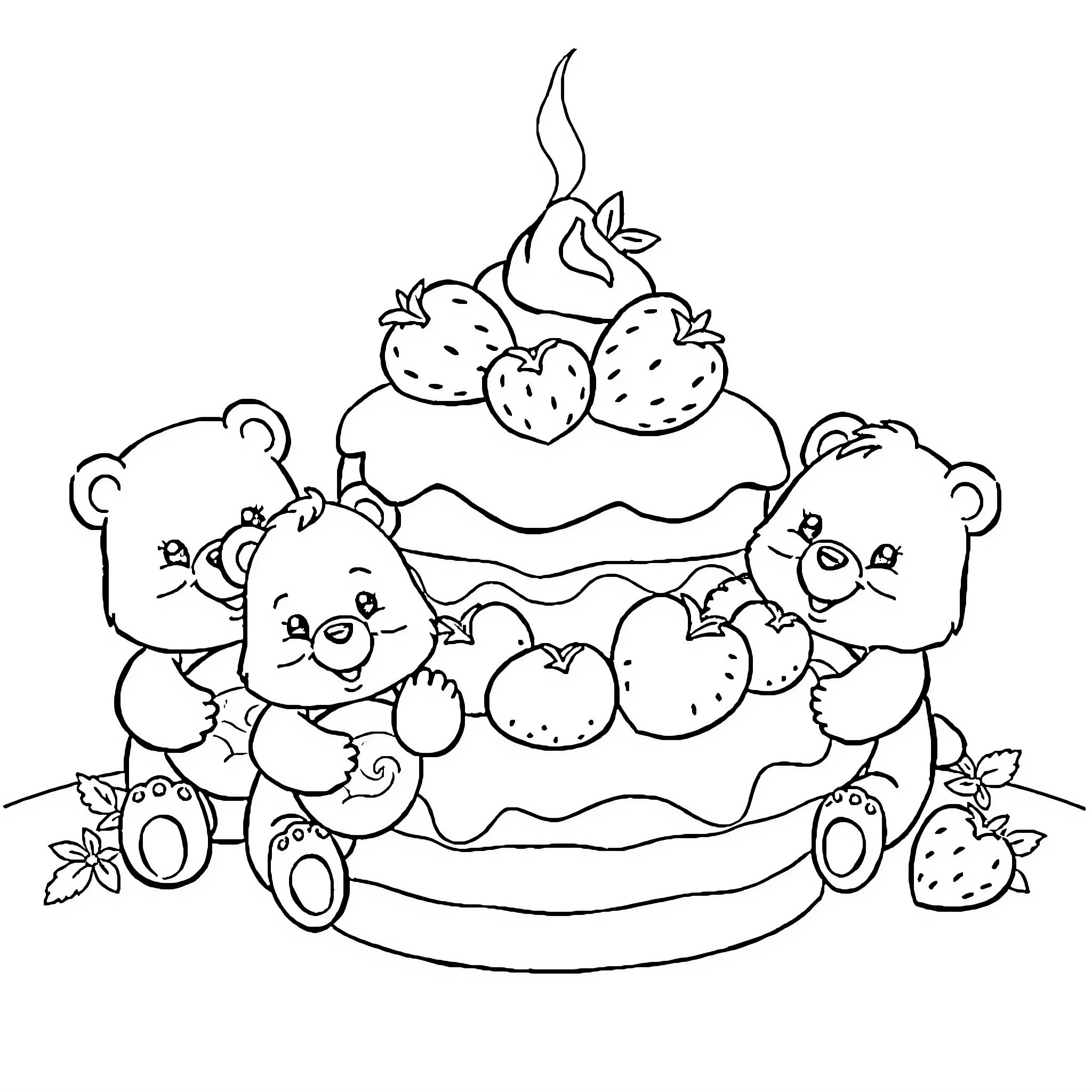 Strawberry Shortcake themed birthday celebration Coloring Page (free black-and-white line drawing printable PDF for all, from beginners to advanced learners, including children, teens, adults, and seniors)