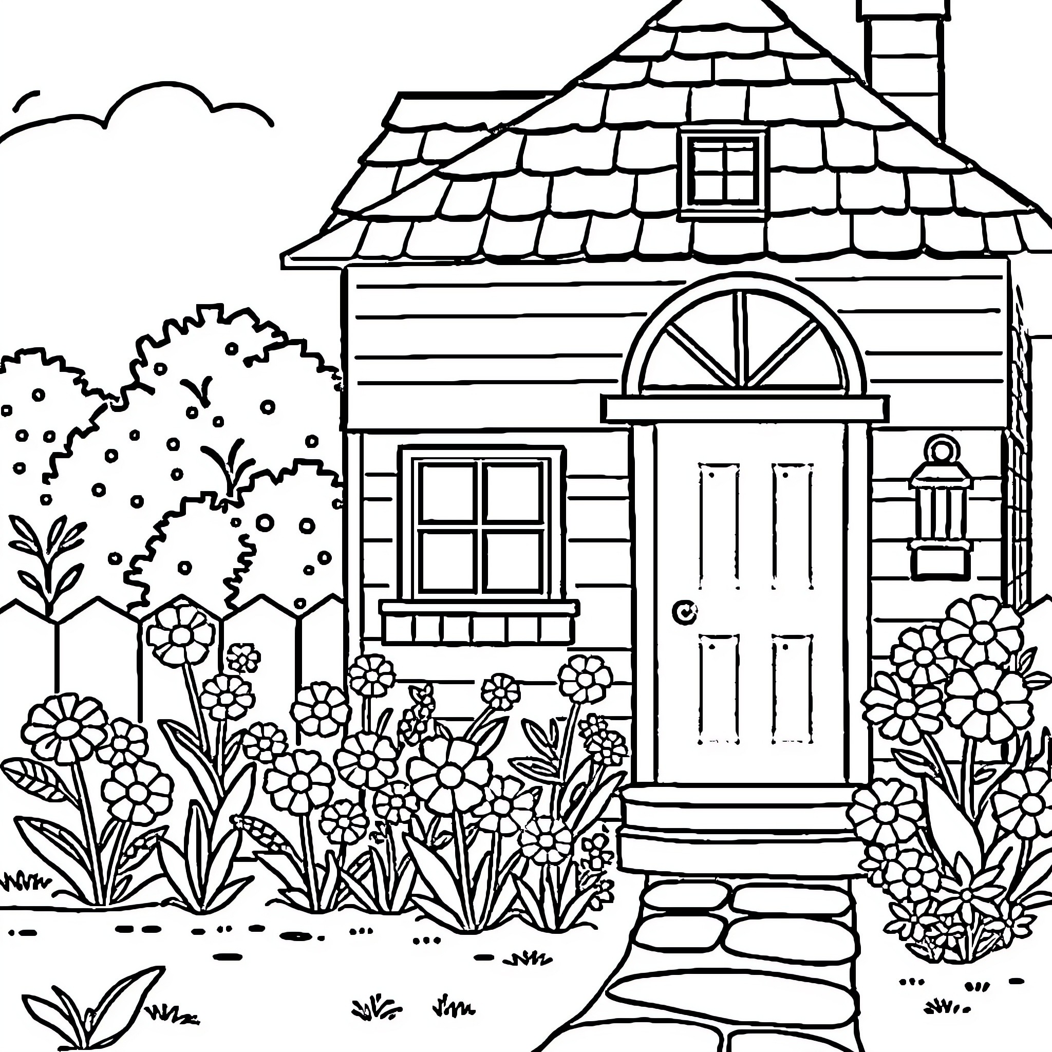 House with Charming Flower Garden Coloring Page (free black-and-white line drawing printable PDF for all, from beginners to advanced learners, including children, teens, adults, and seniors)
