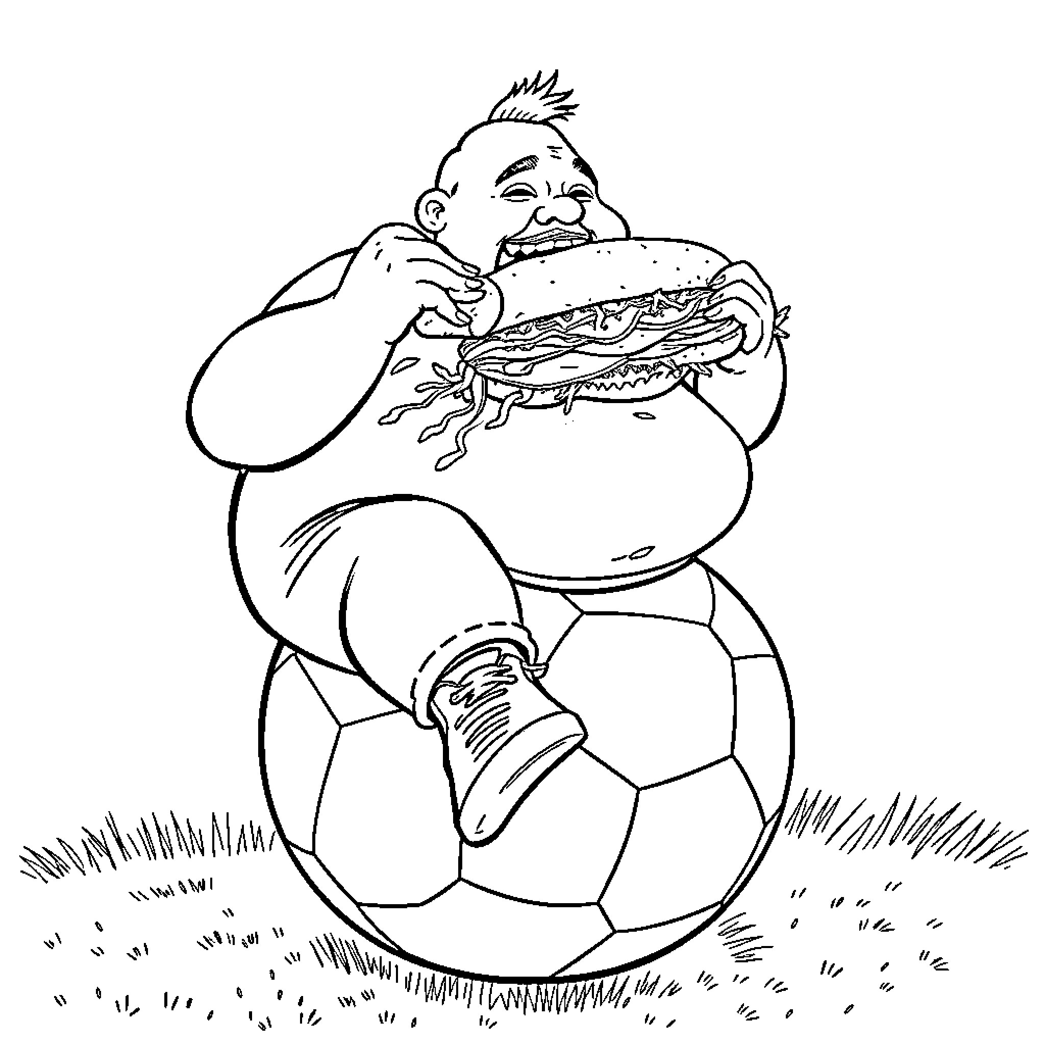 Guy enjoying a large hamburger on a soccer ball Coloring Page (free black-and-white line drawing printable PDF for all, from beginners to advanced learners, including children, teens, adults, and seniors)