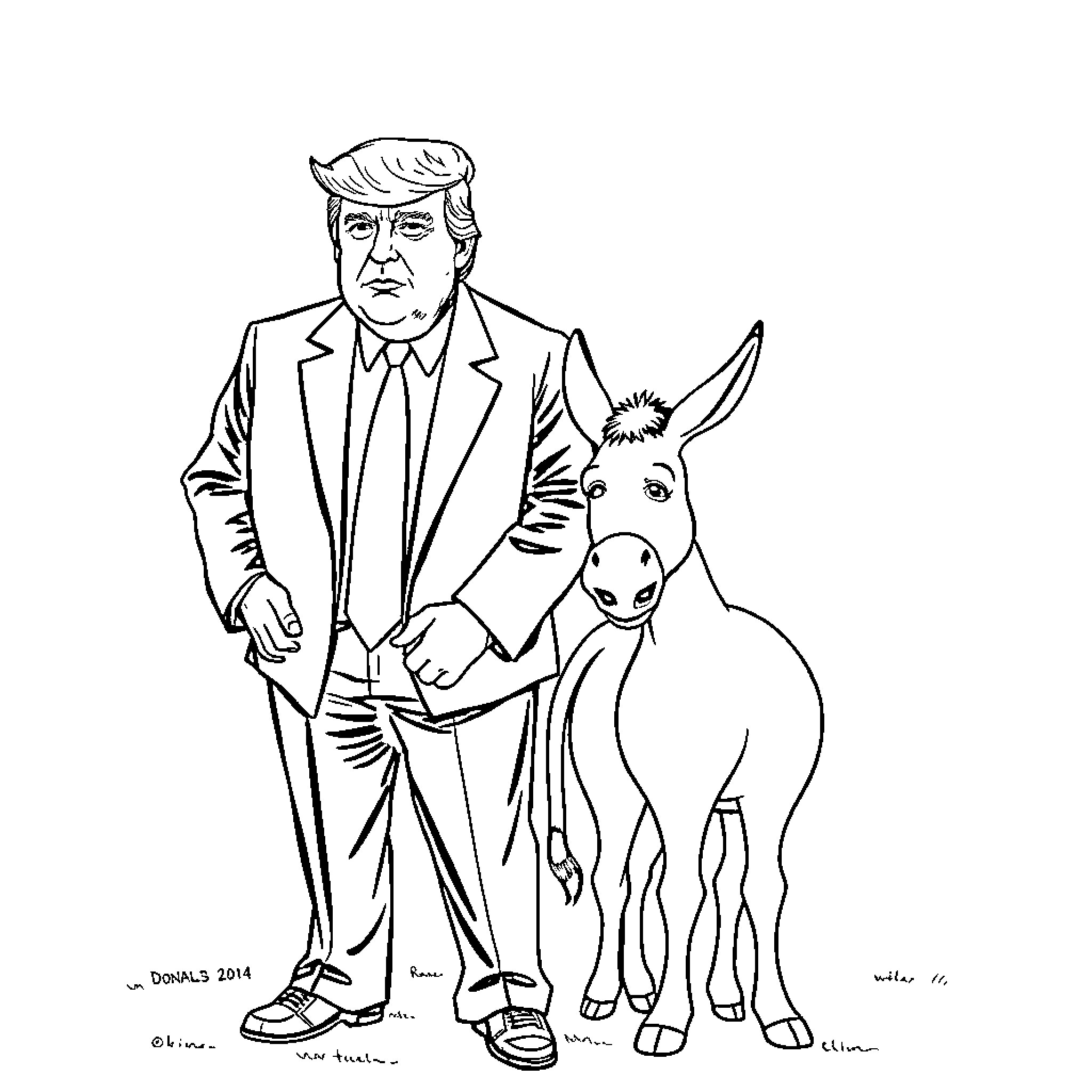 Donald Trump standing with a donkey Coloring Page (free black-and-white line drawing printable PDF for all, from beginners to advanced learners, including children, teens, adults, and seniors)