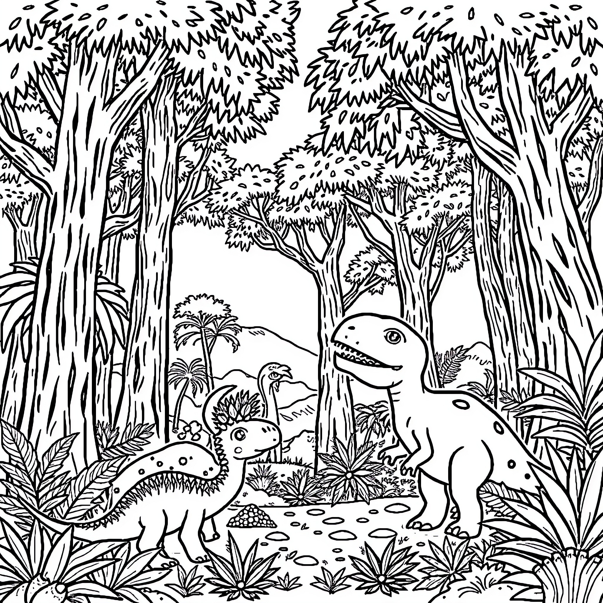 Tree-dwelling Dinosaurs in Lush Forest Landscape Coloring Page (free black-and-white line drawing printable PDF for all, from beginners to advanced learners, including children, teens, adults, and seniors)