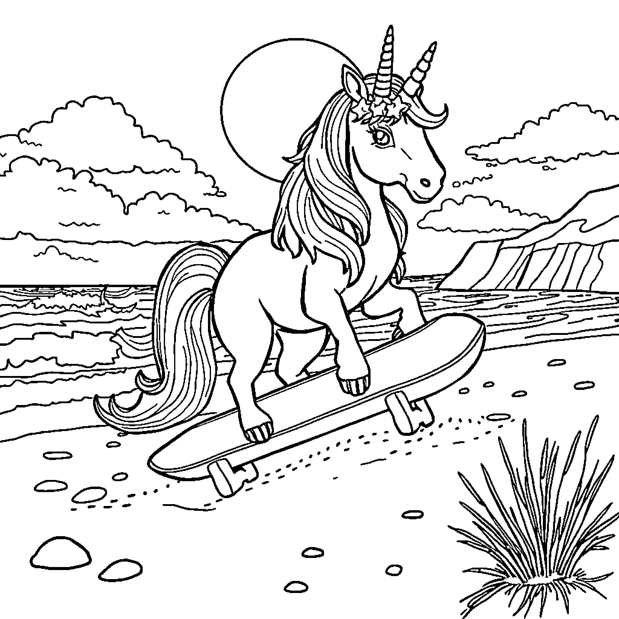 Unicorn riding a surfboard on the beach Coloring Page (free black-and-white line drawing printable PDF for all, from beginners to advanced learners, including children, teens, adults, and seniors)